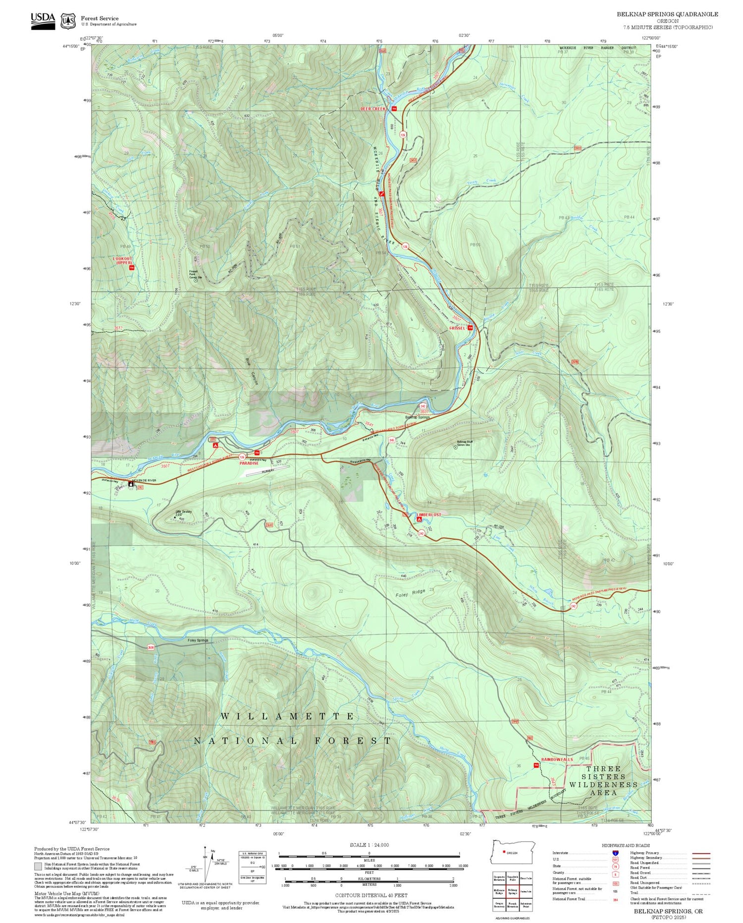 2025 Forest Service Topo Map of Belknap Springs Oregon