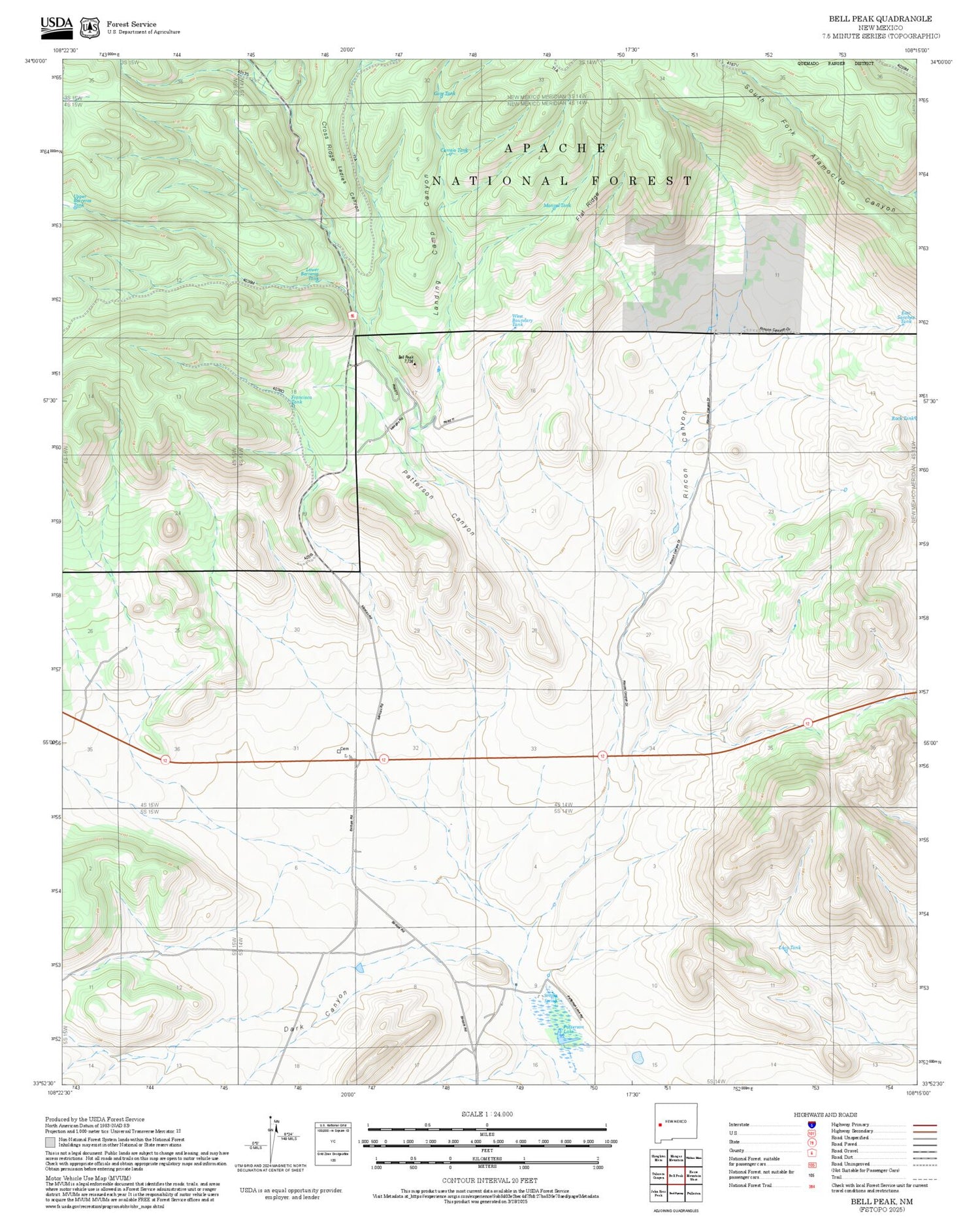 2025 Forest Service Topo Map of Bell Peak New Mexico