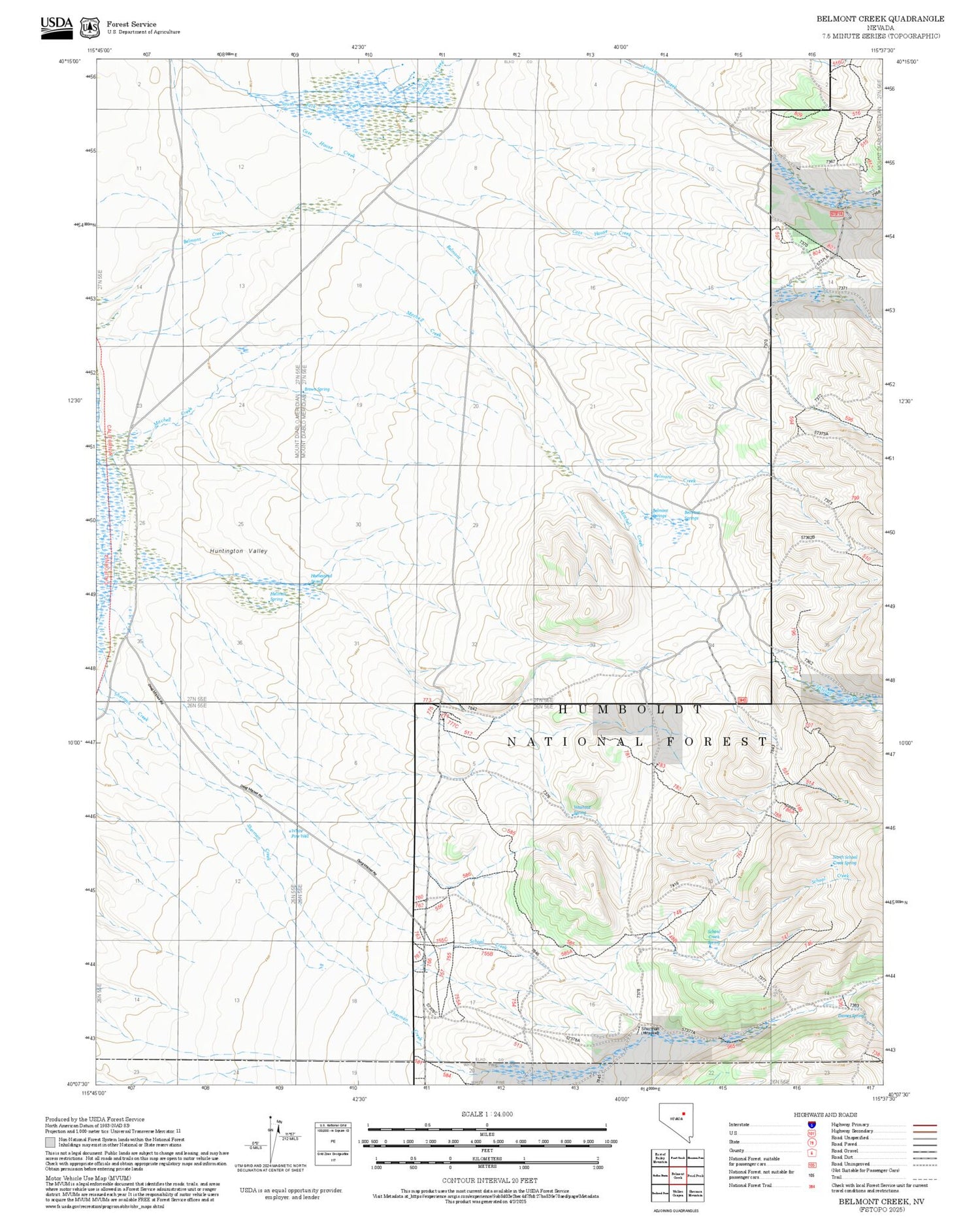 2025 Forest Service Topo Map of Belmont Creek Nevada