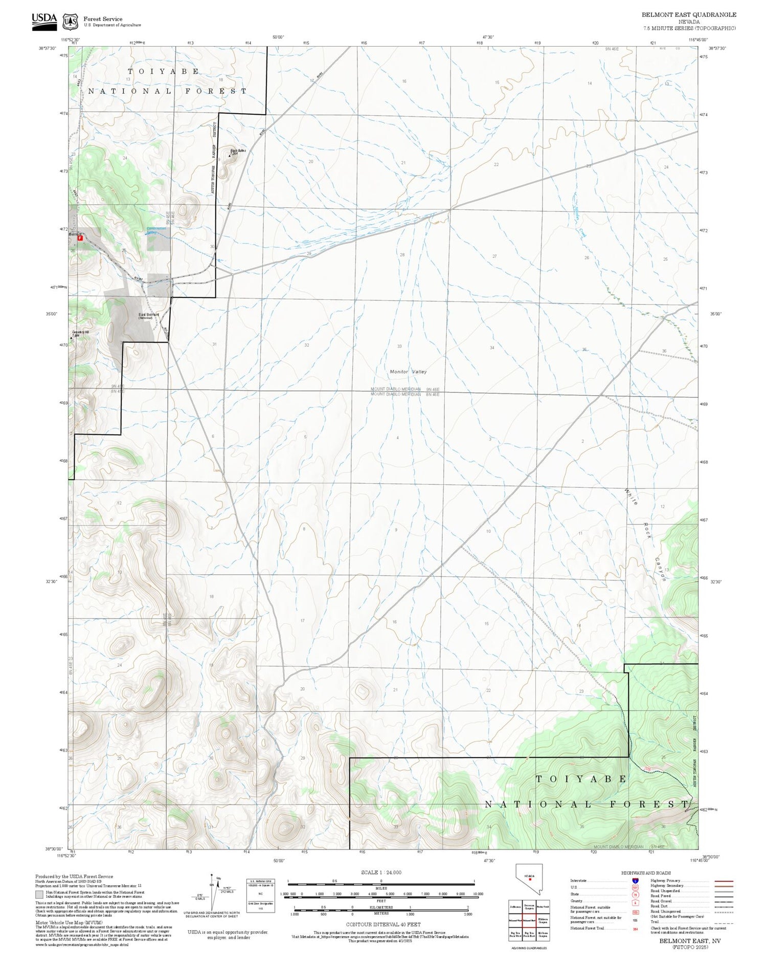 2025 Forest Service Topo Map of Belmont East Nevada
