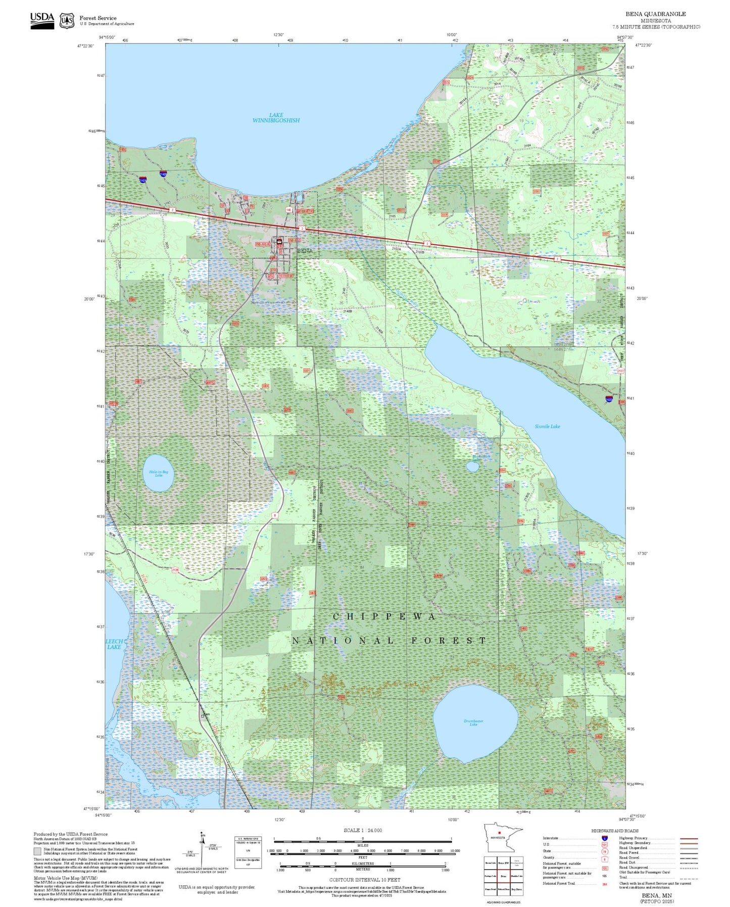 2025 Forest Service Topo Map of Bena Minnesota