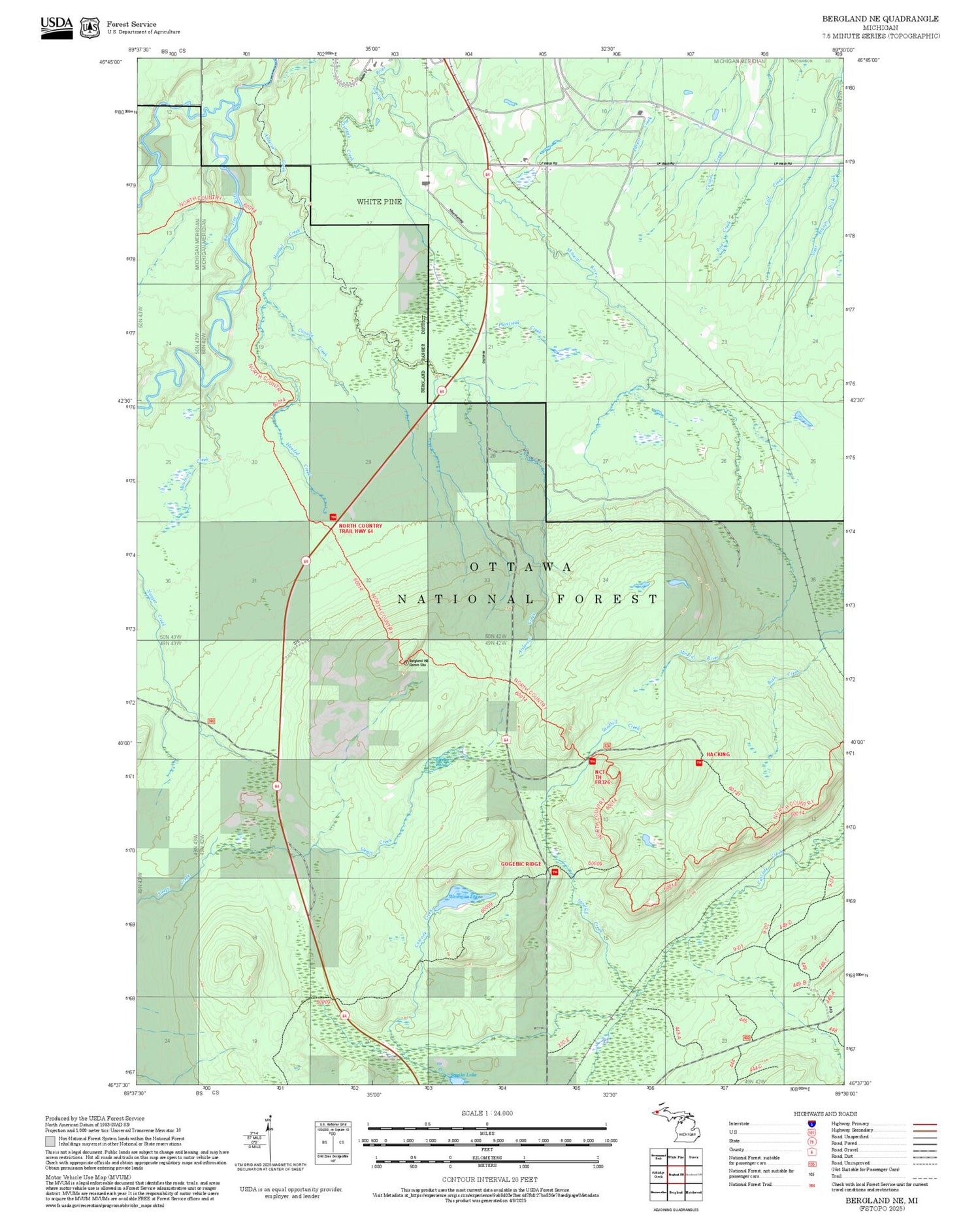 2025 Forest Service Topo Map of Bergland NE Michigan