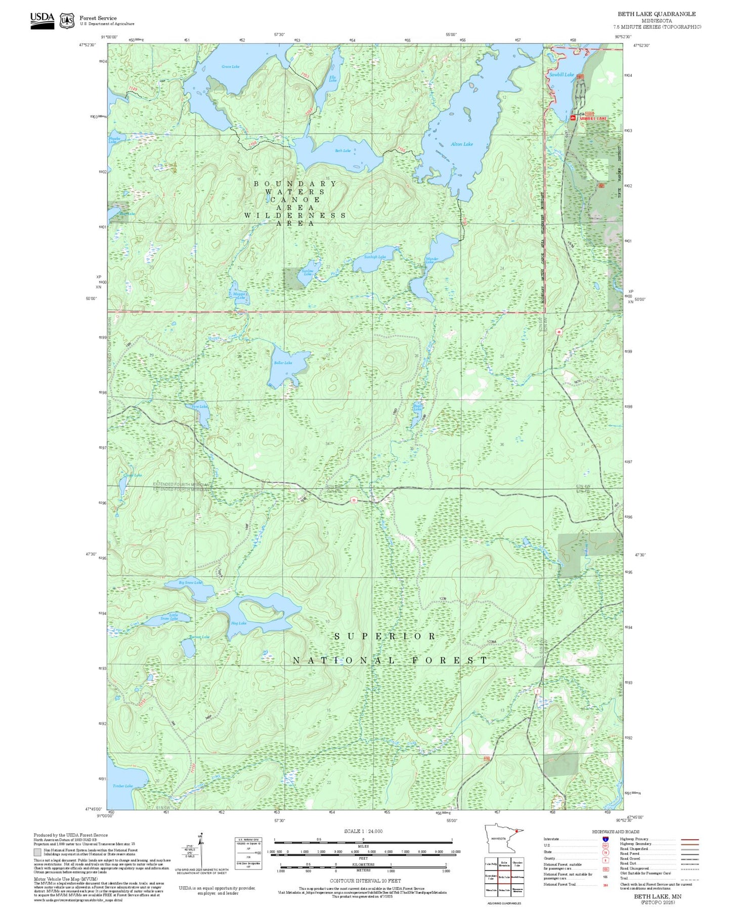 2025 Forest Service Topo Map of Beth Lake Minnesota