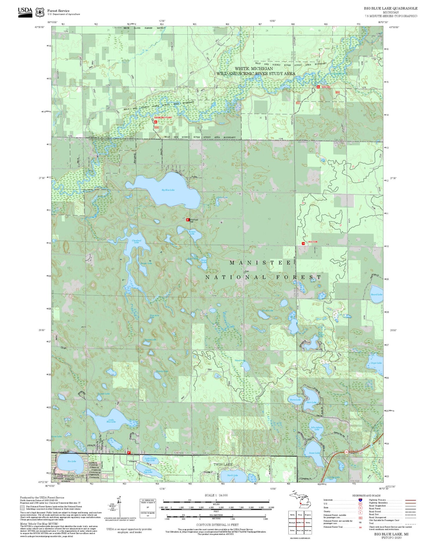 2025 Forest Service Topo Map of Big Blue Lake Michigan