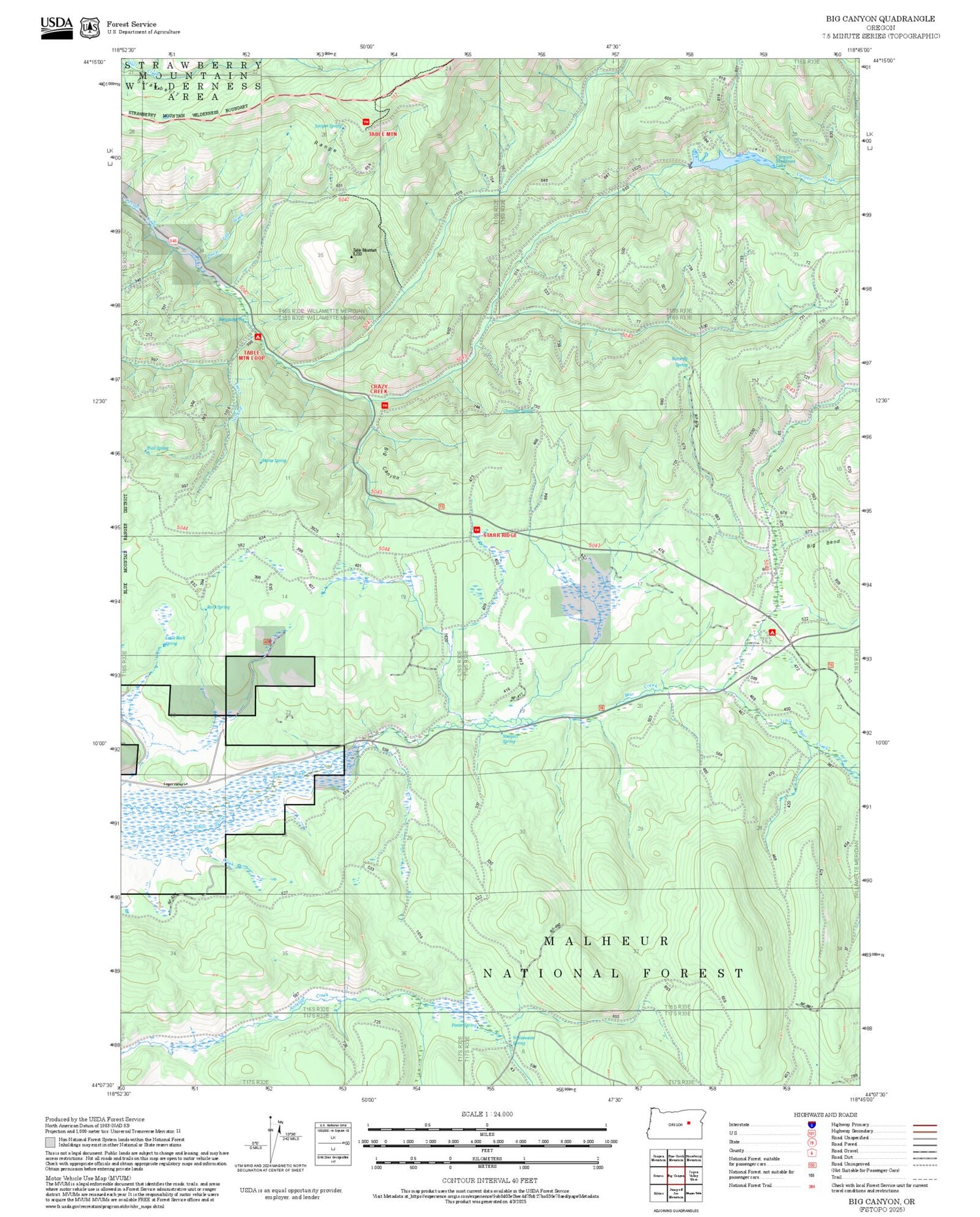 2025 Forest Service Topo Map of Big Canyon Oregon