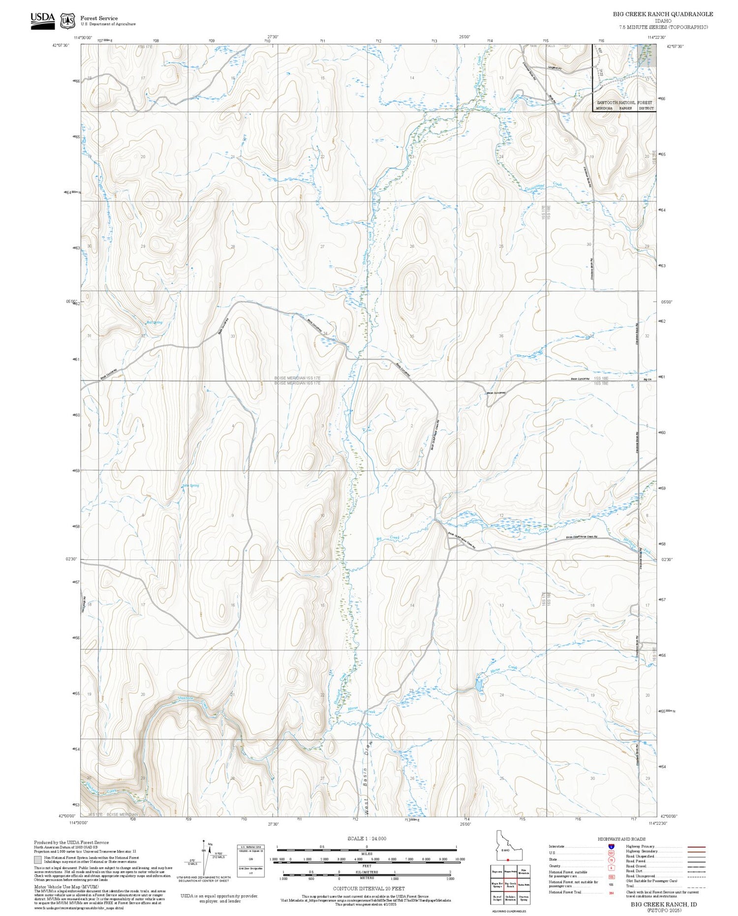 2025 Forest Service Topo Map of Big Creek Ranch Idaho