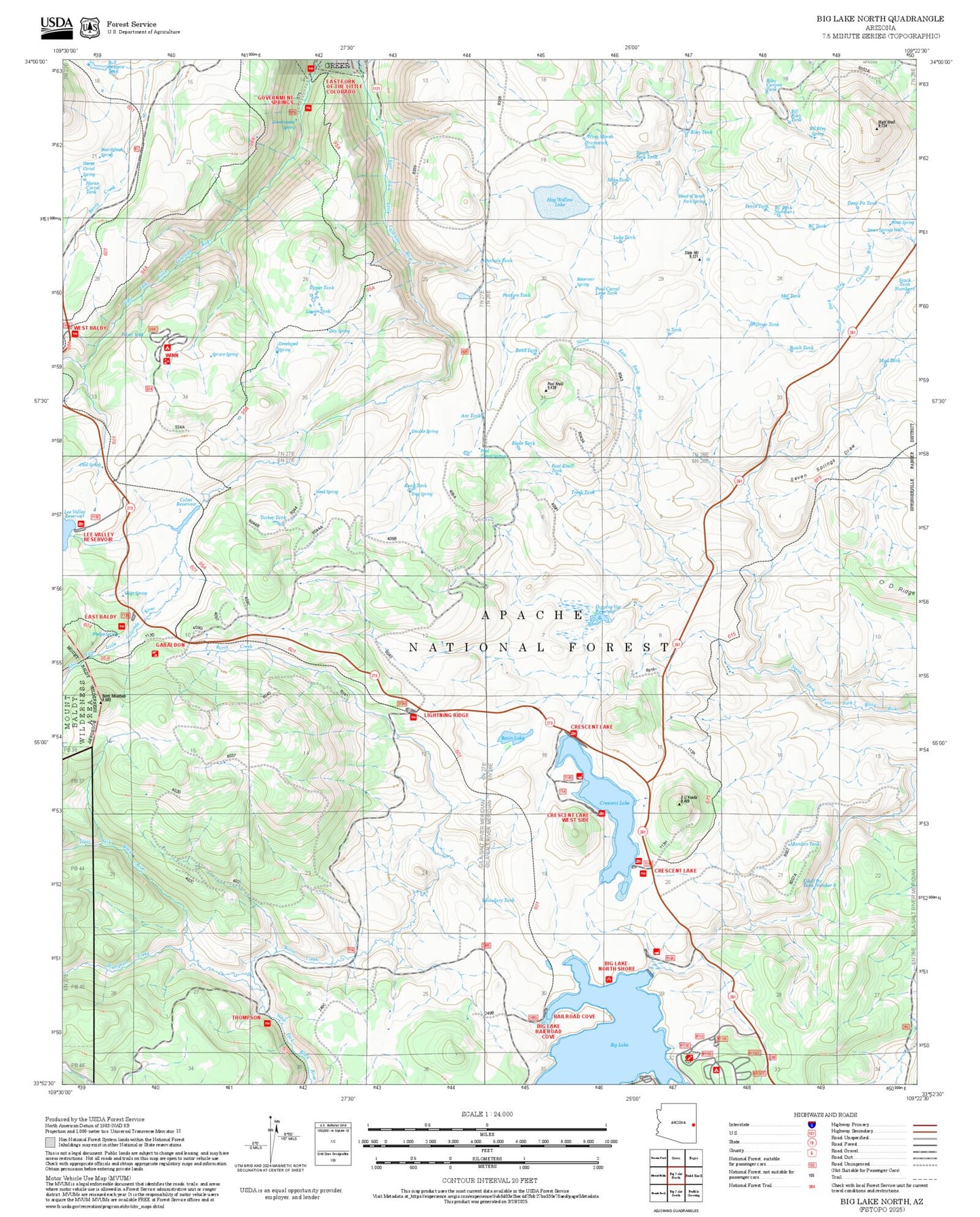 2025 Forest Service Topo Map of Big Lake North Arizona