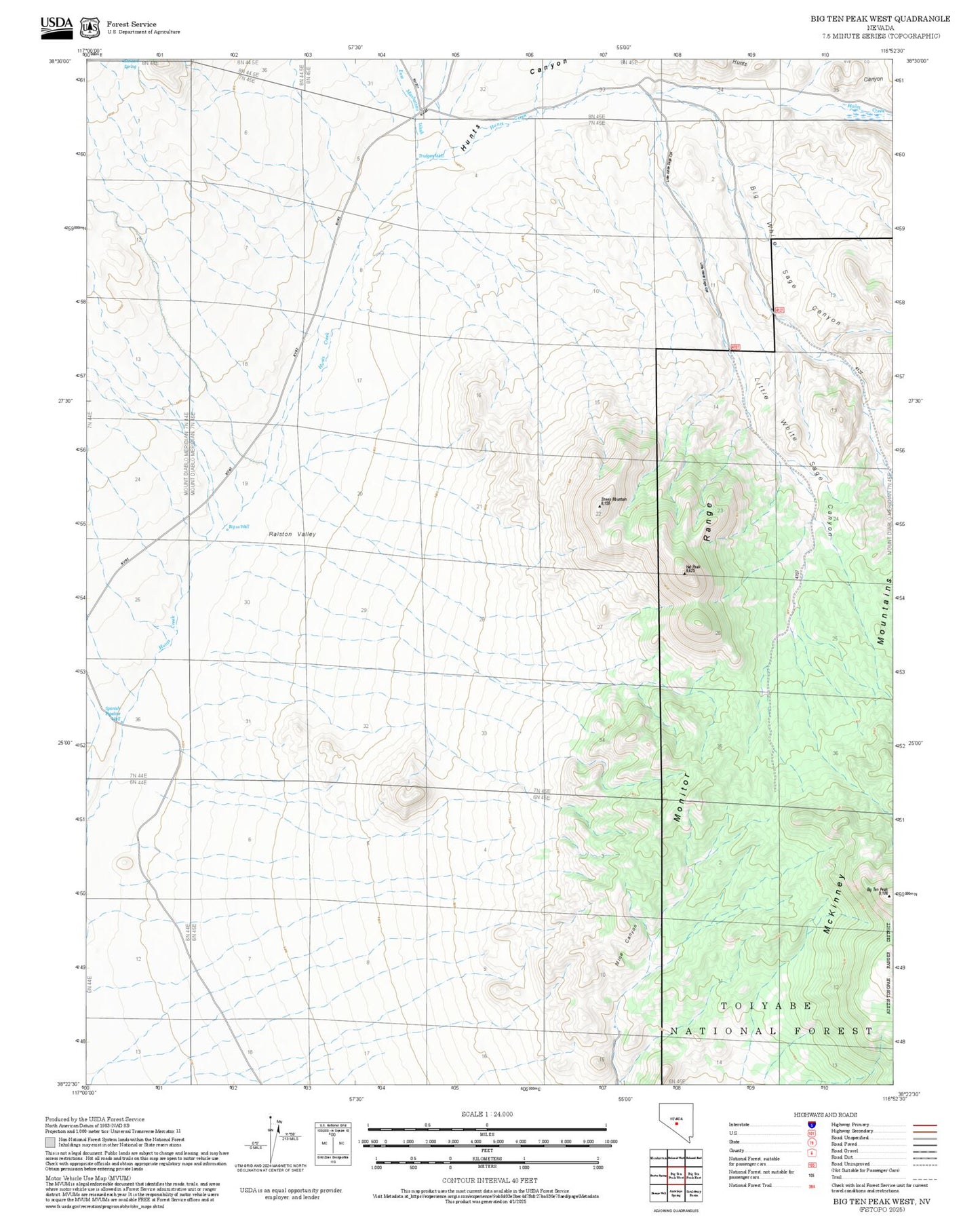 2025 Forest Service Topo Map of Big Ten Peak West Nevada
