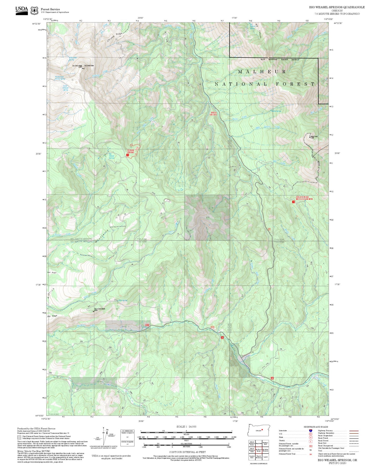 2025 Forest Service Topo Map of Big Weasel Springs Oregon