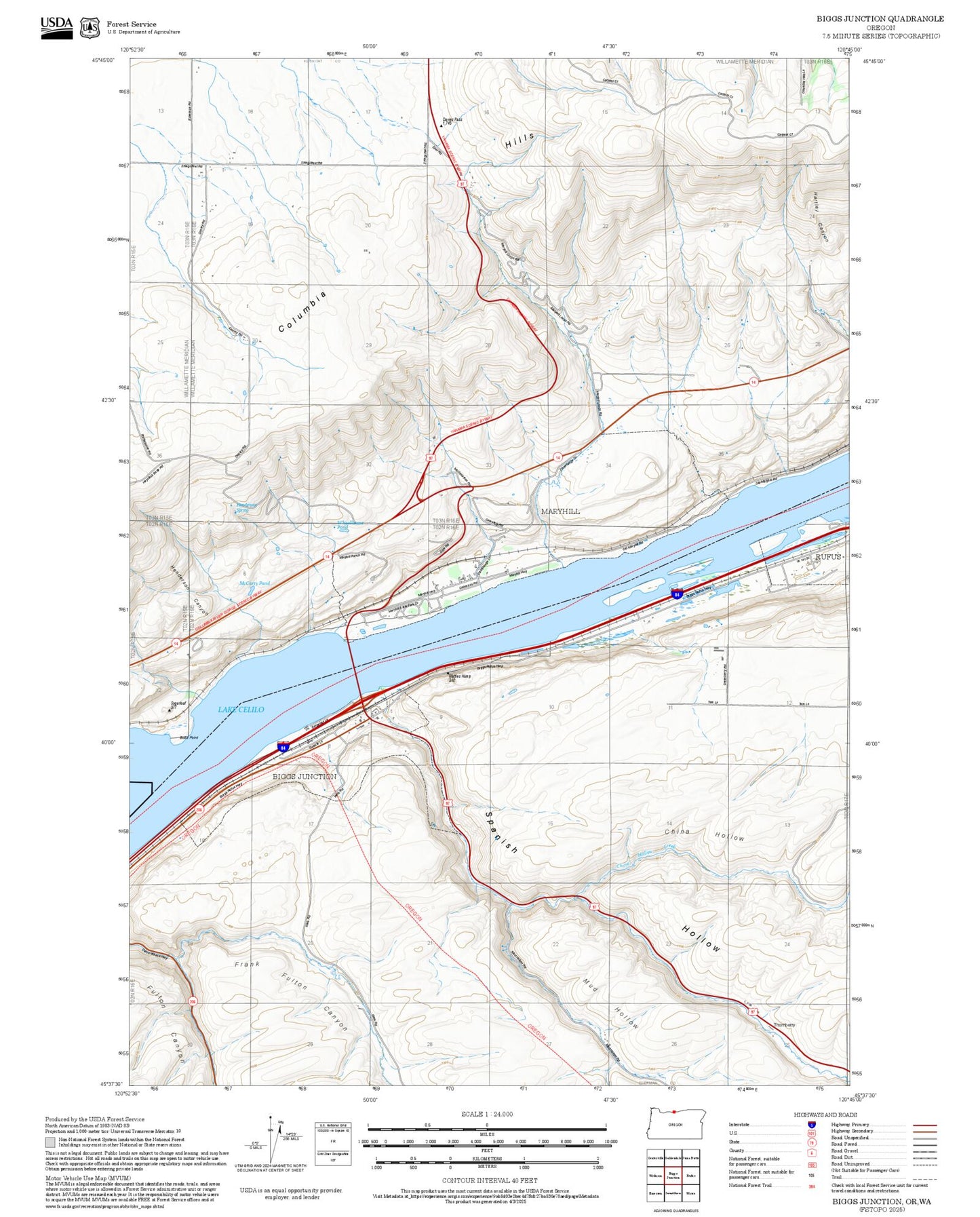 2025 Forest Service Topo Map of Biggs Junction Oregon