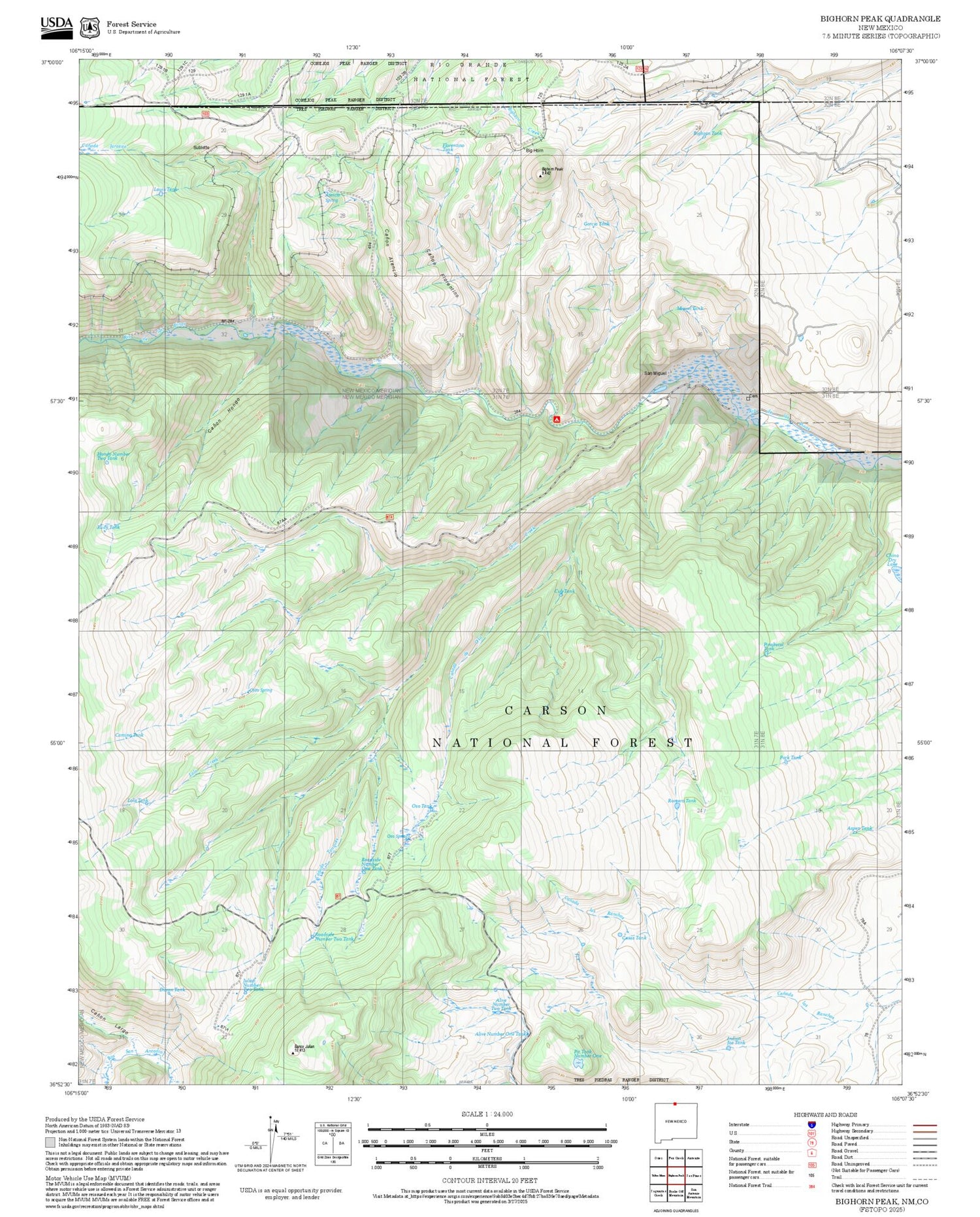 2025 Forest Service Topo Map of Bighorn Peak New Mexico