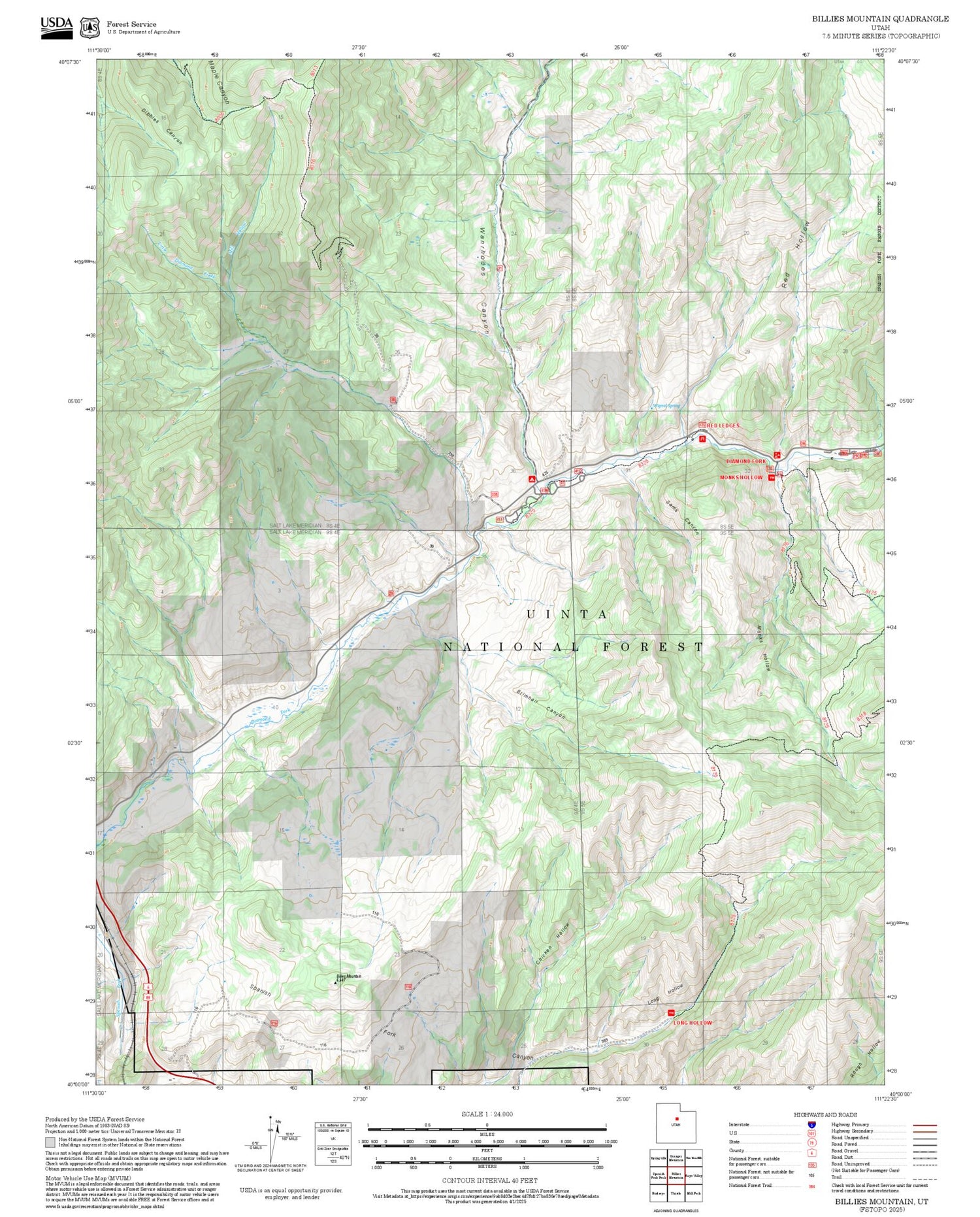 2025 Forest Service Topo Map of Billies Mountain Utah