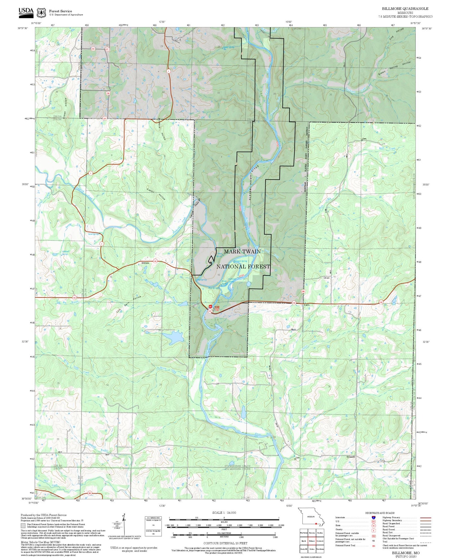 2025 Forest Service Topo Map of Billmore Missouri