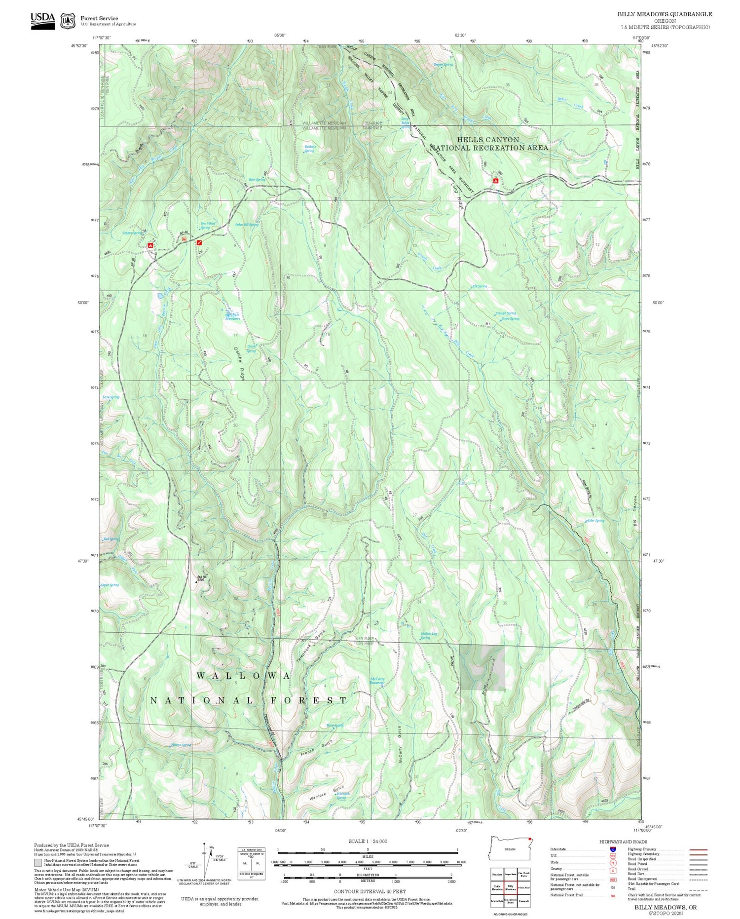 2025 Forest Service Topo Map of Billy Meadows Oregon