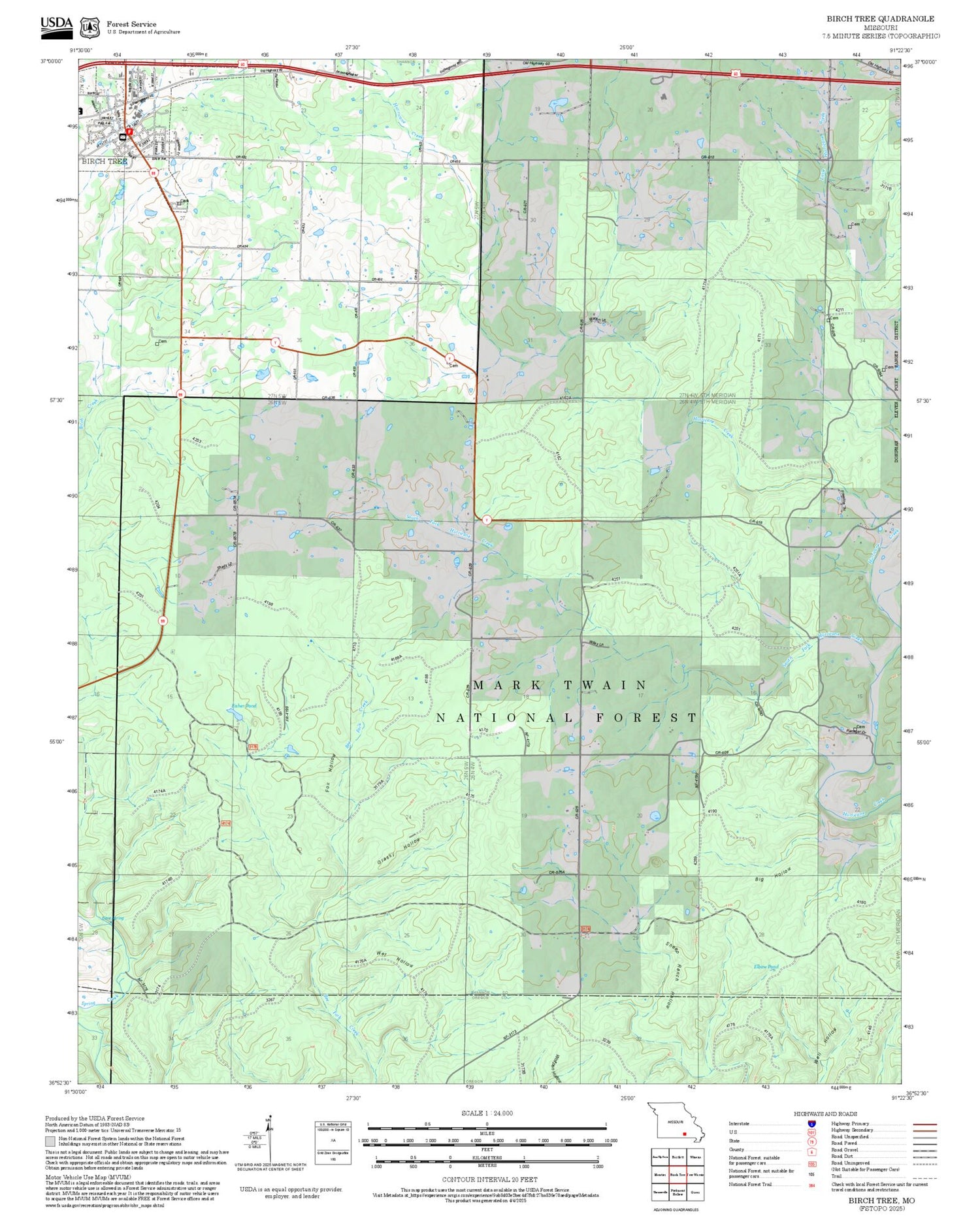 2025 Forest Service Topo Map of Birch Tree Missouri