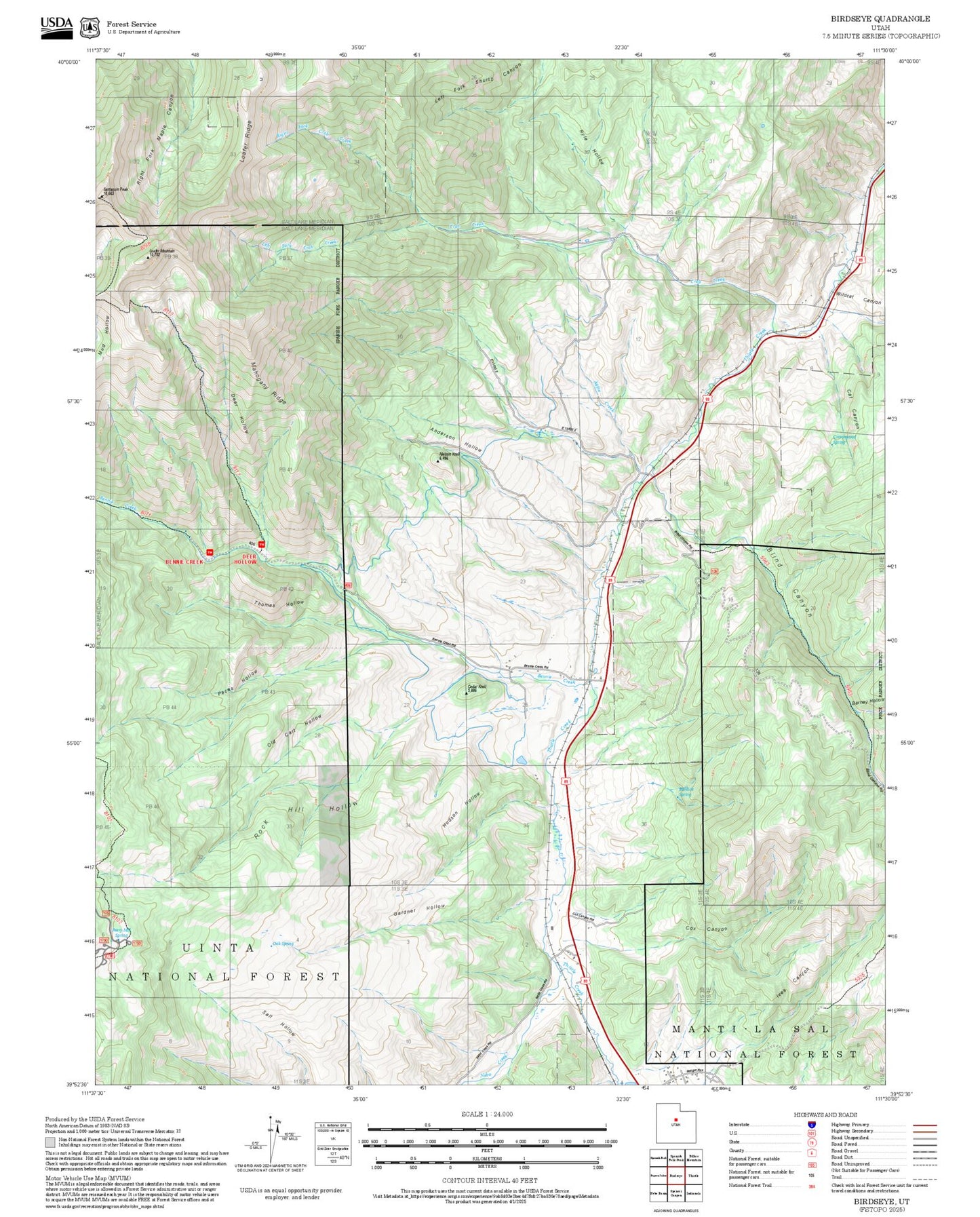 2025 Forest Service Topo Map of Birdseye Utah