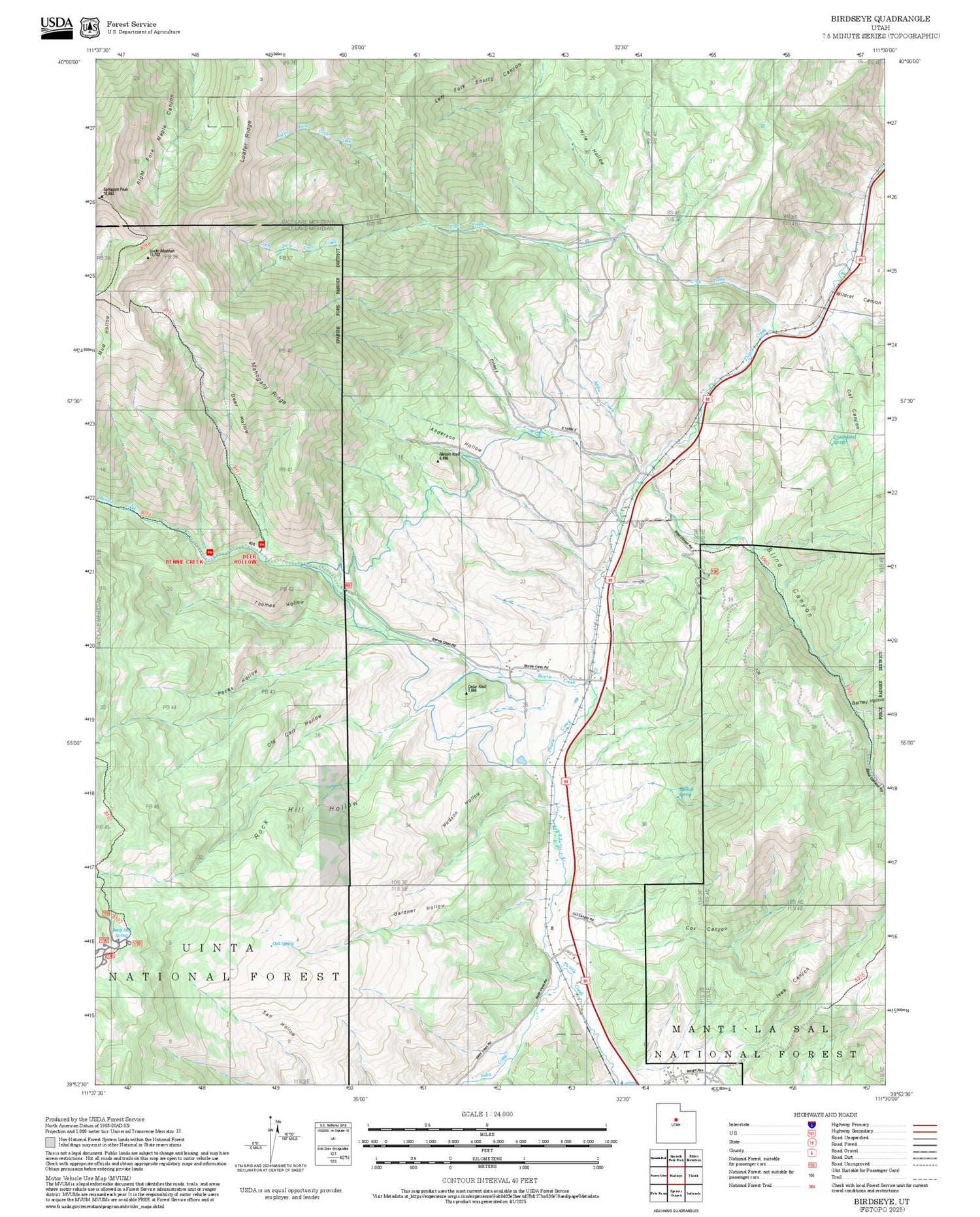 2025 Forest Service Topo Map of Birdseye Utah