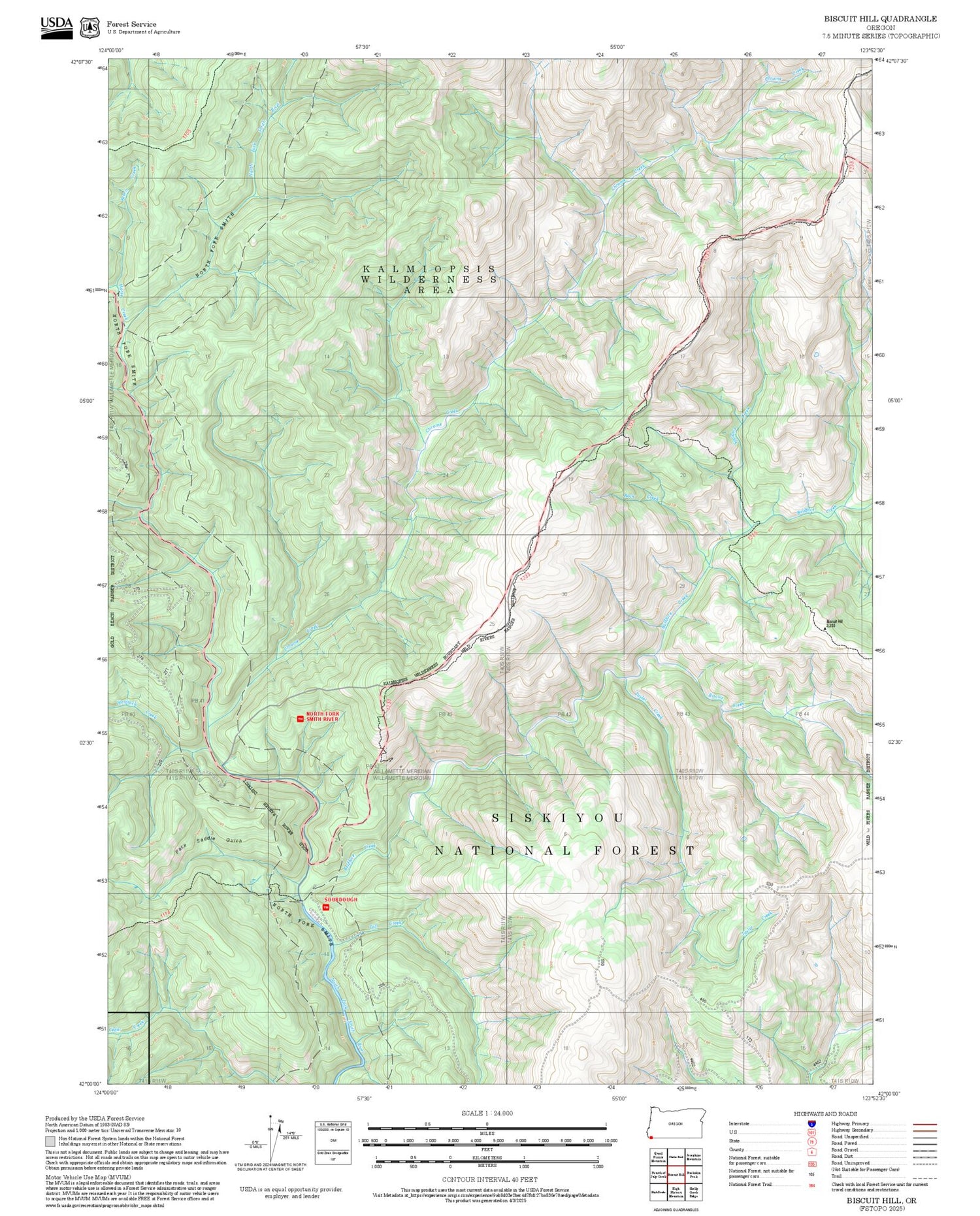 2025 Forest Service Topo Map of Biscuit Hill Oregon