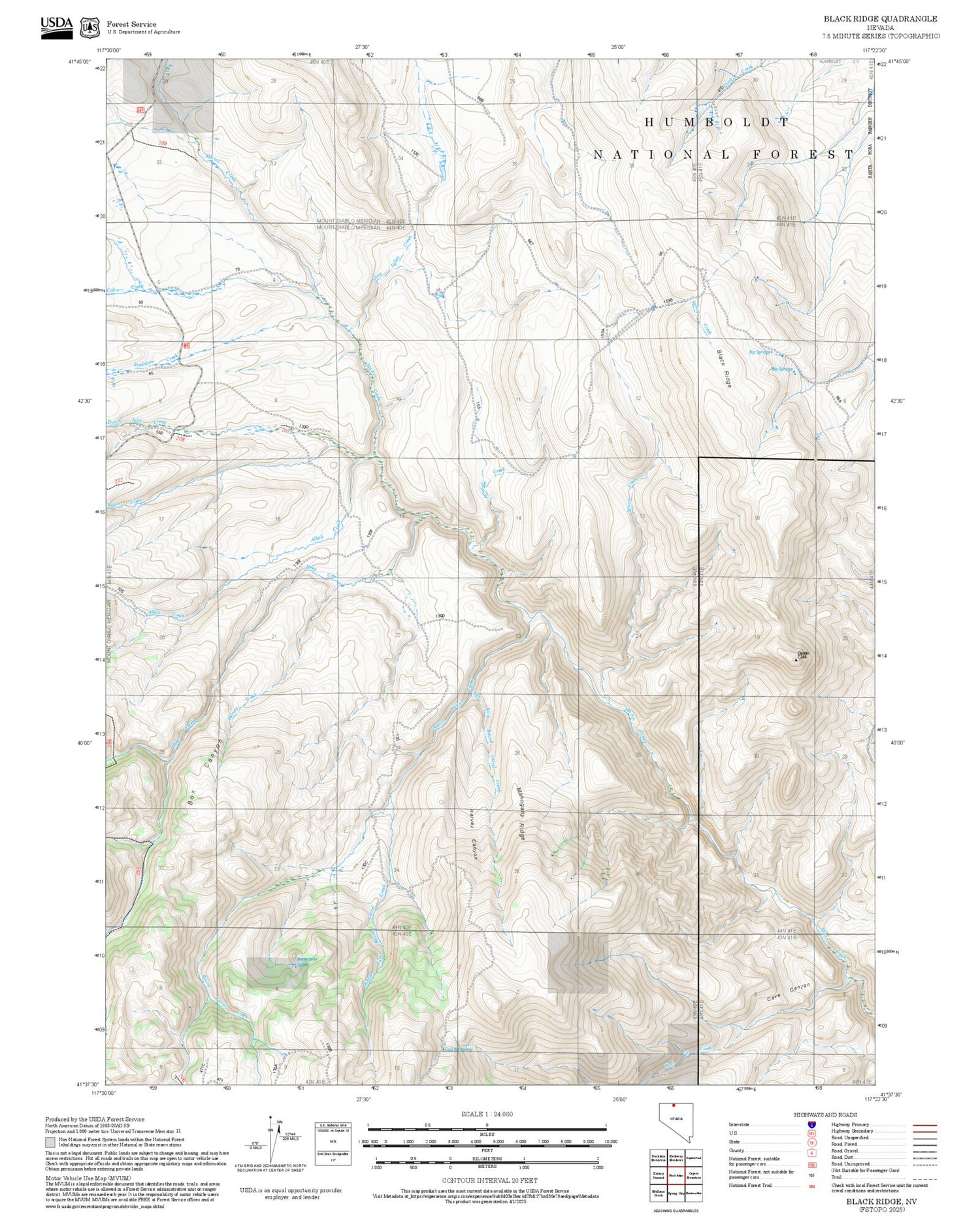 2025 Forest Service Topo Map of Black Ridge Nevada