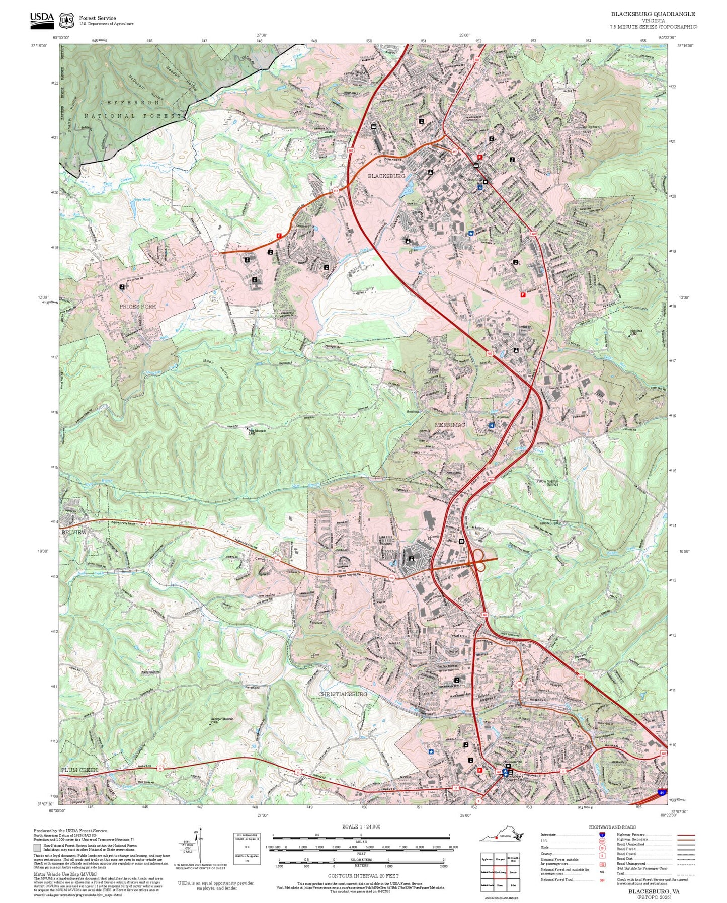 2025 Forest Service Topo Map of Blacksburg Virginia