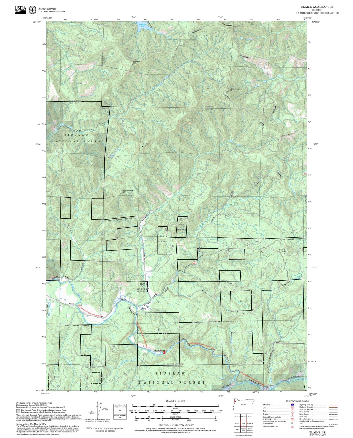 2025 Forest Service Topo Map of Blaine Oregon