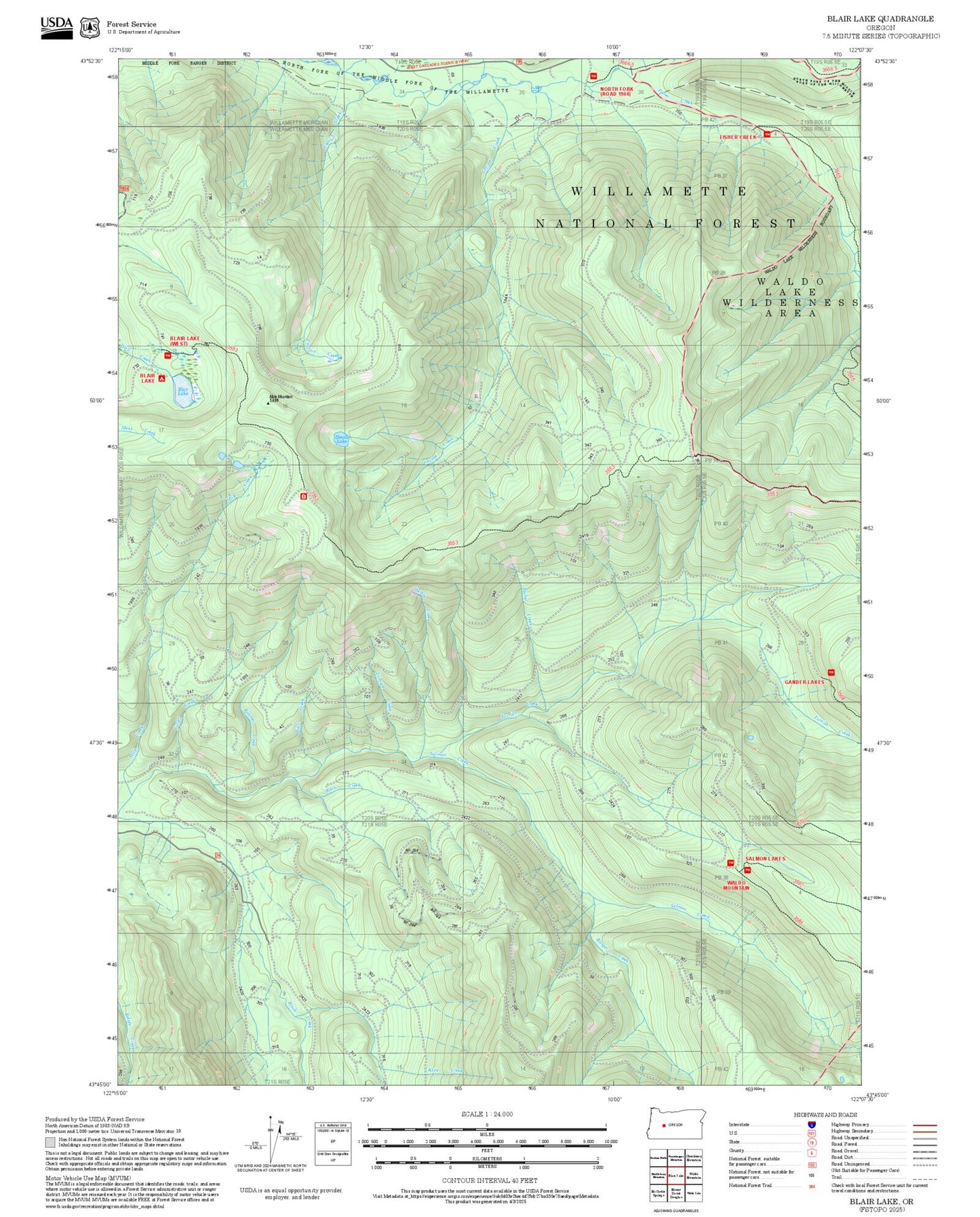 2025 Forest Service Topo Map of Blair Lake Oregon