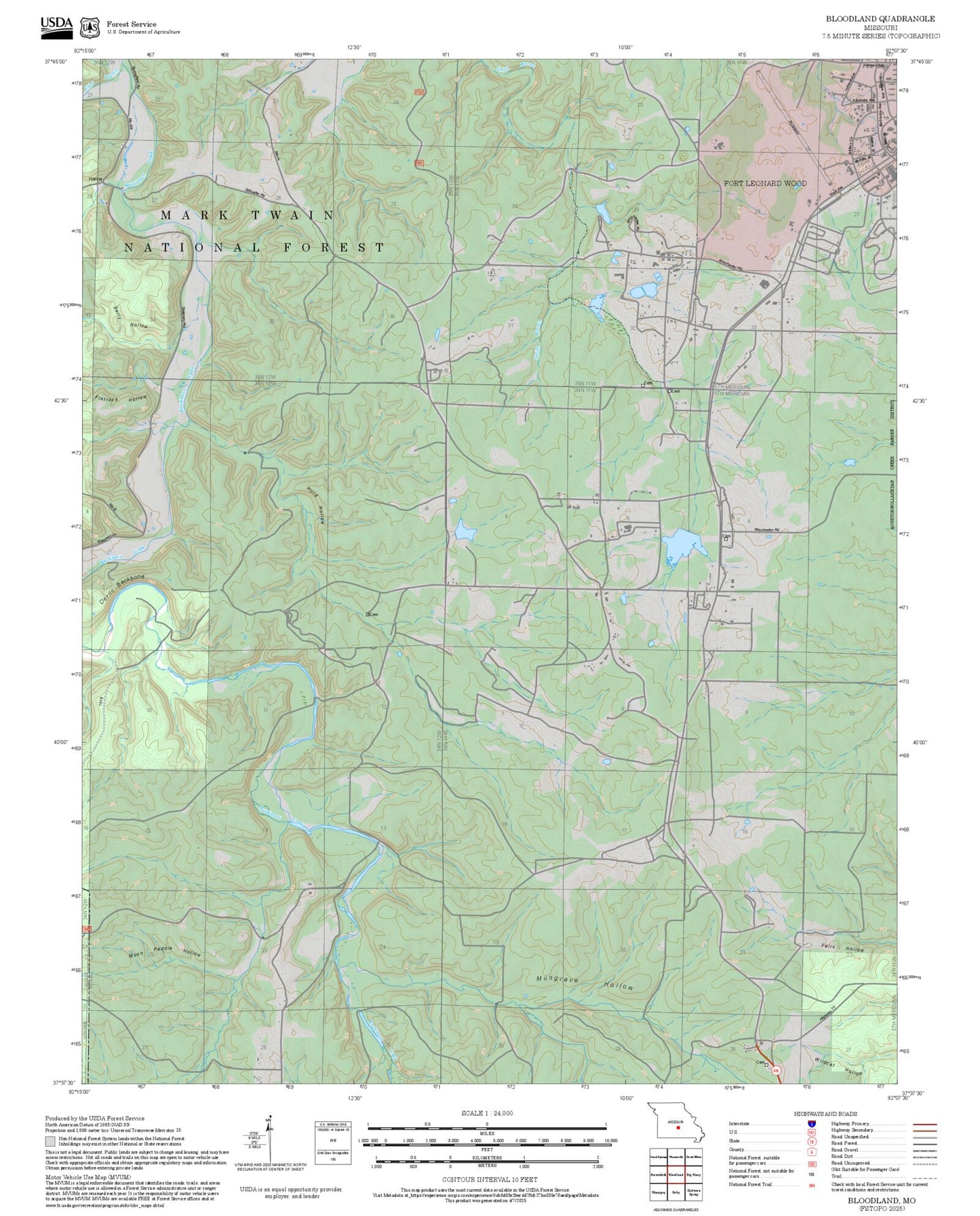2025 Forest Service Topo Map of Bloodland Missouri