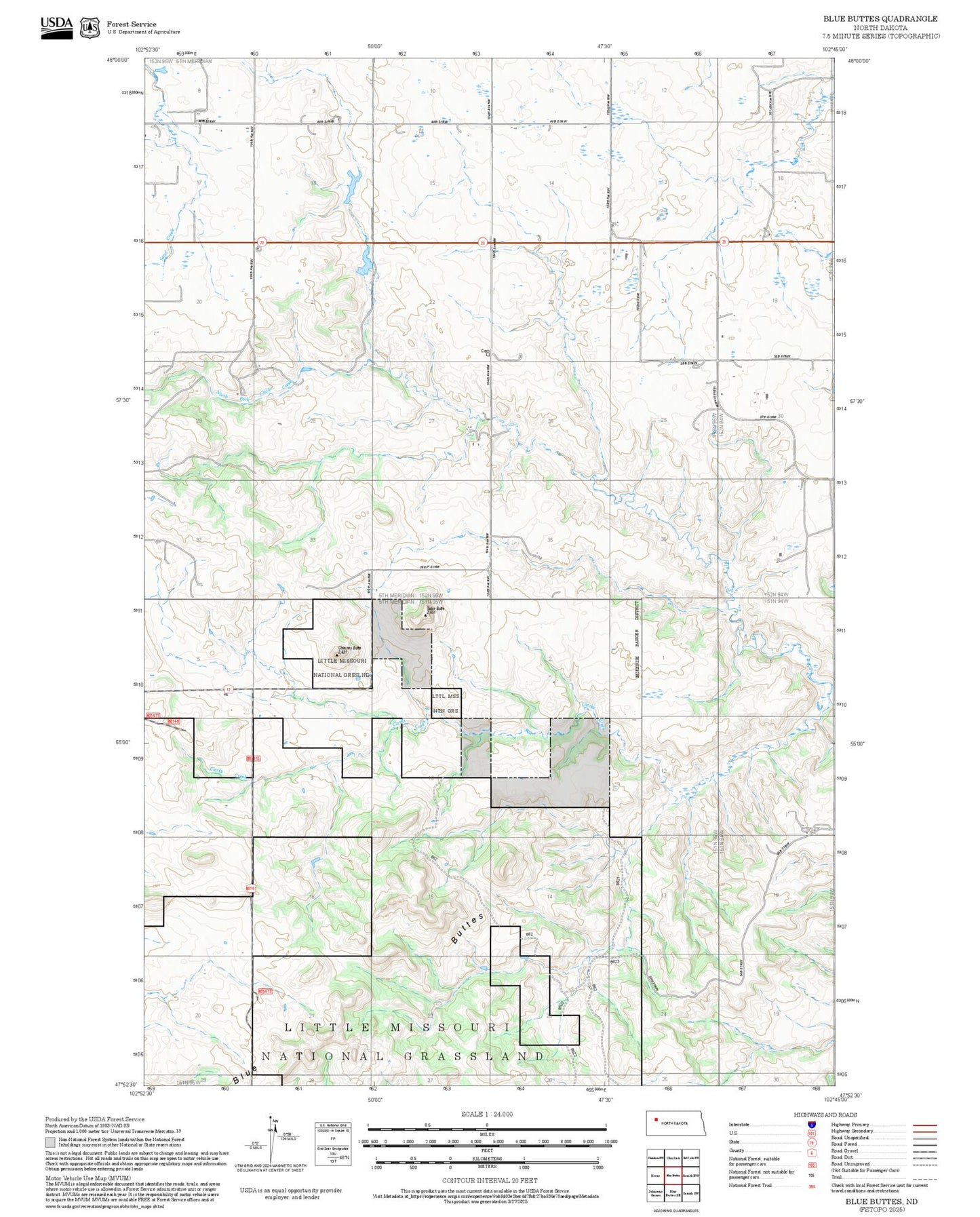 2025 Forest Service Topo Map of Blue Buttes North Dakota