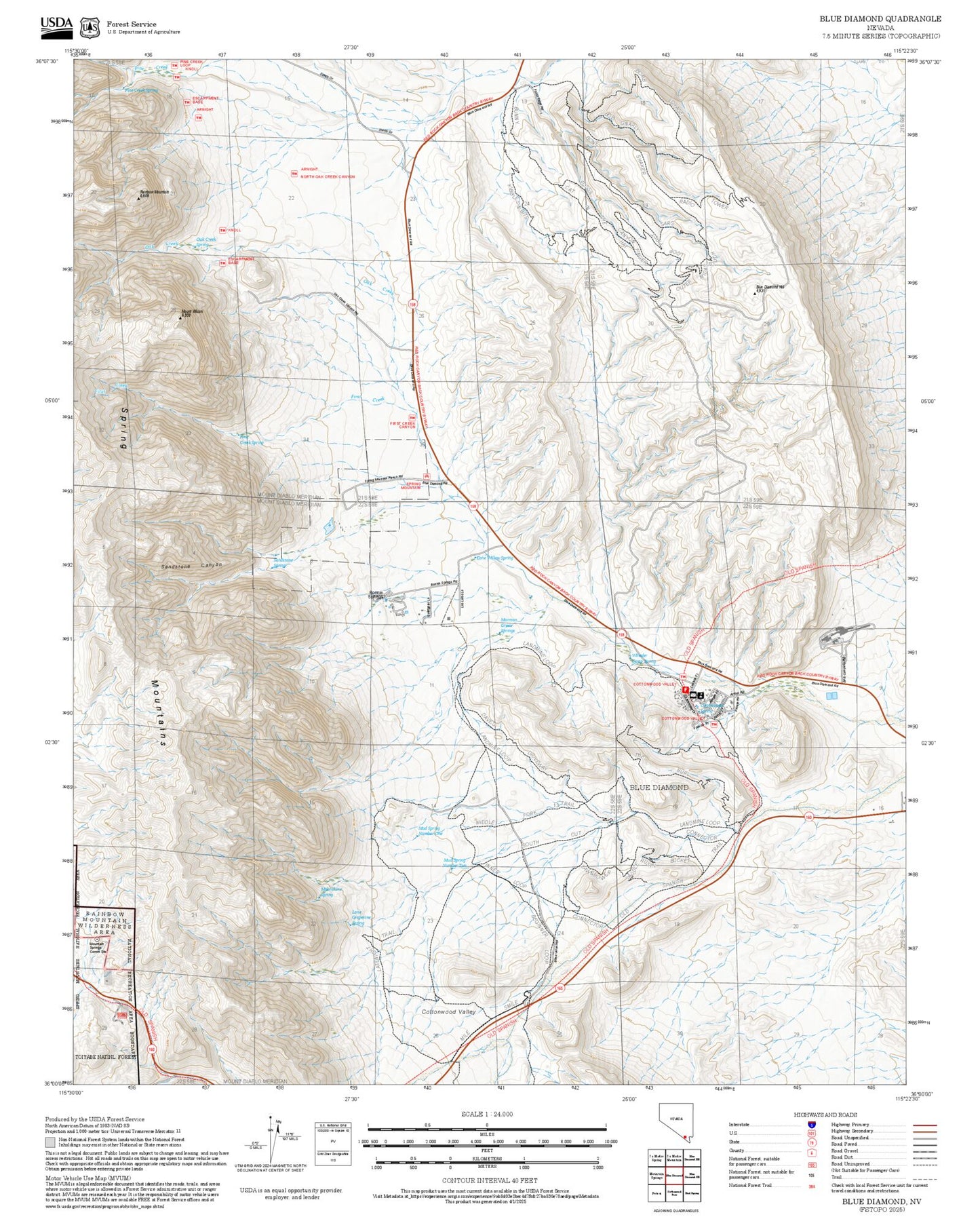 2025 Forest Service Topo Map of Blue Diamond Nevada