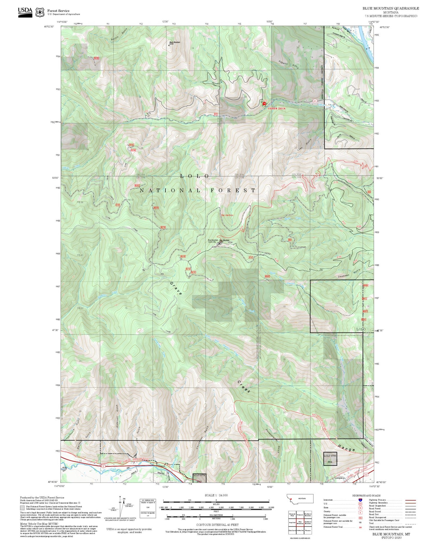 2025 Forest Service Topo Map of Blue Mountain Montana
