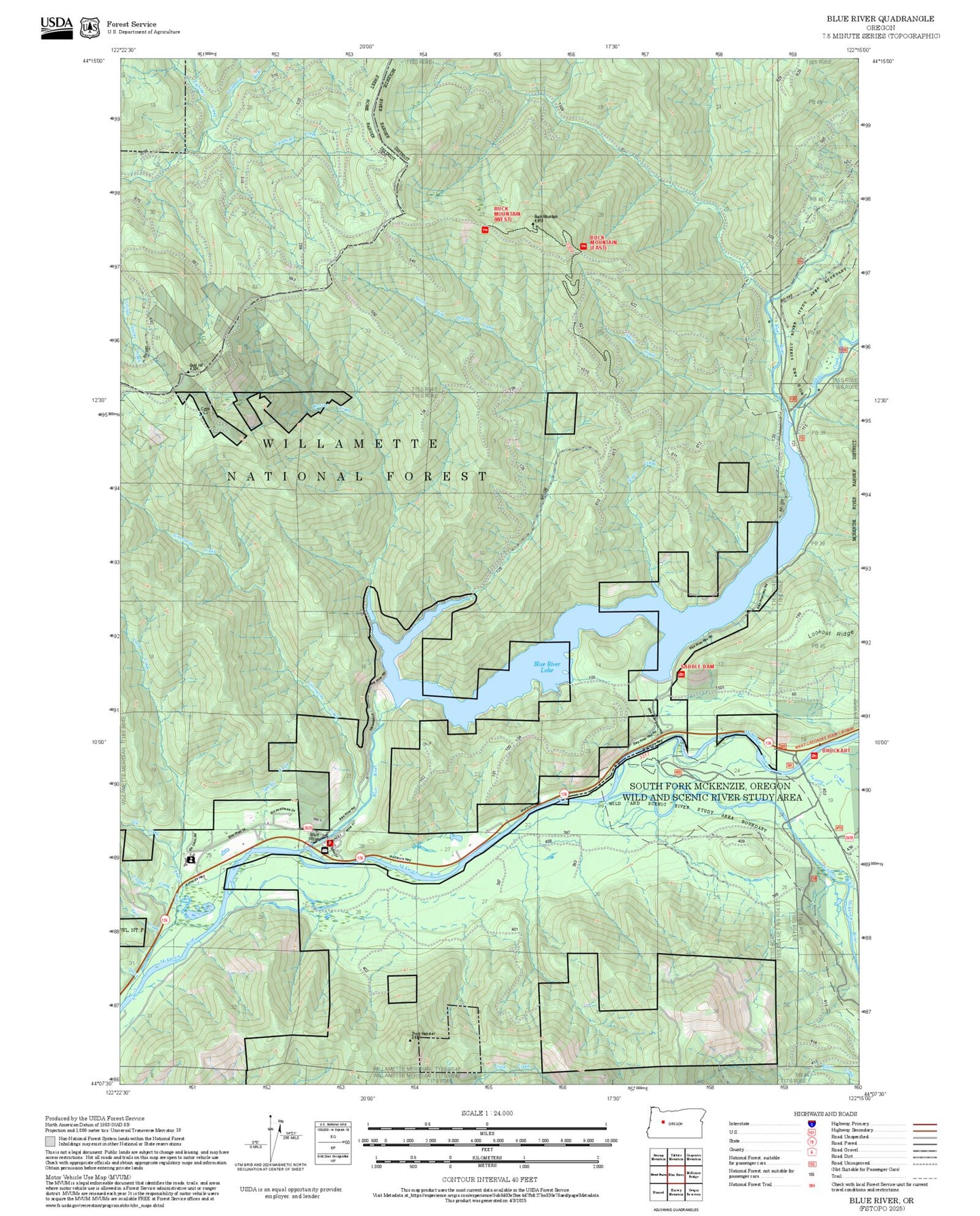 2025 Forest Service Topo Map of Blue River Oregon