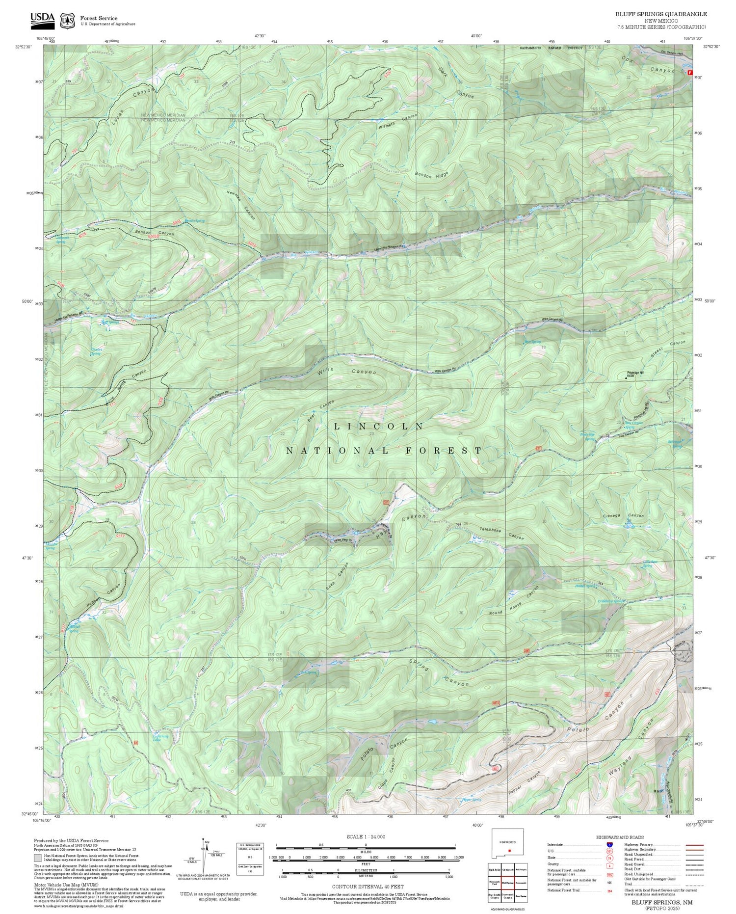 2025 Forest Service Topo Map of Bluff Springs New Mexico