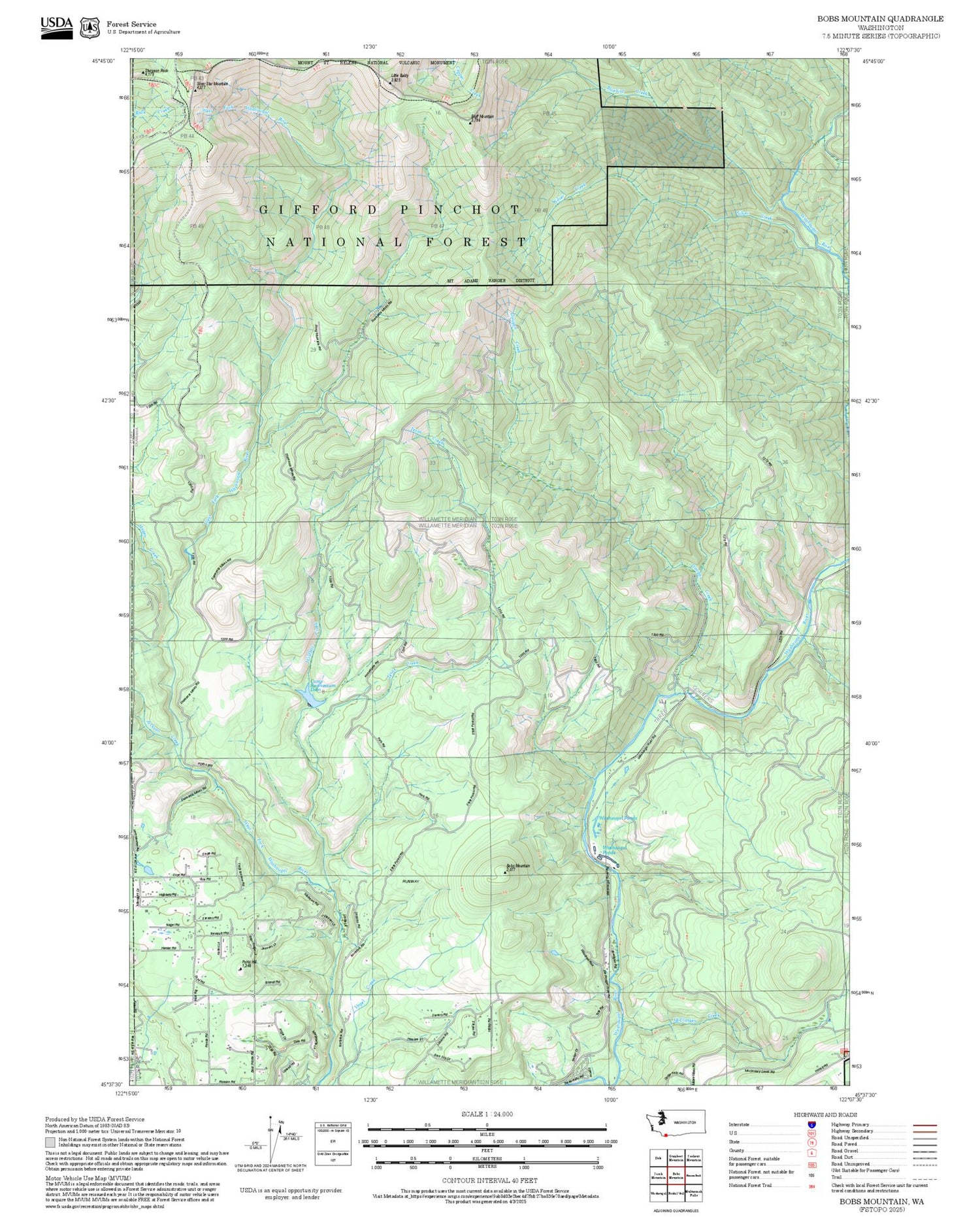 2025 Forest Service Topo Map of Bobs Mountain Washington