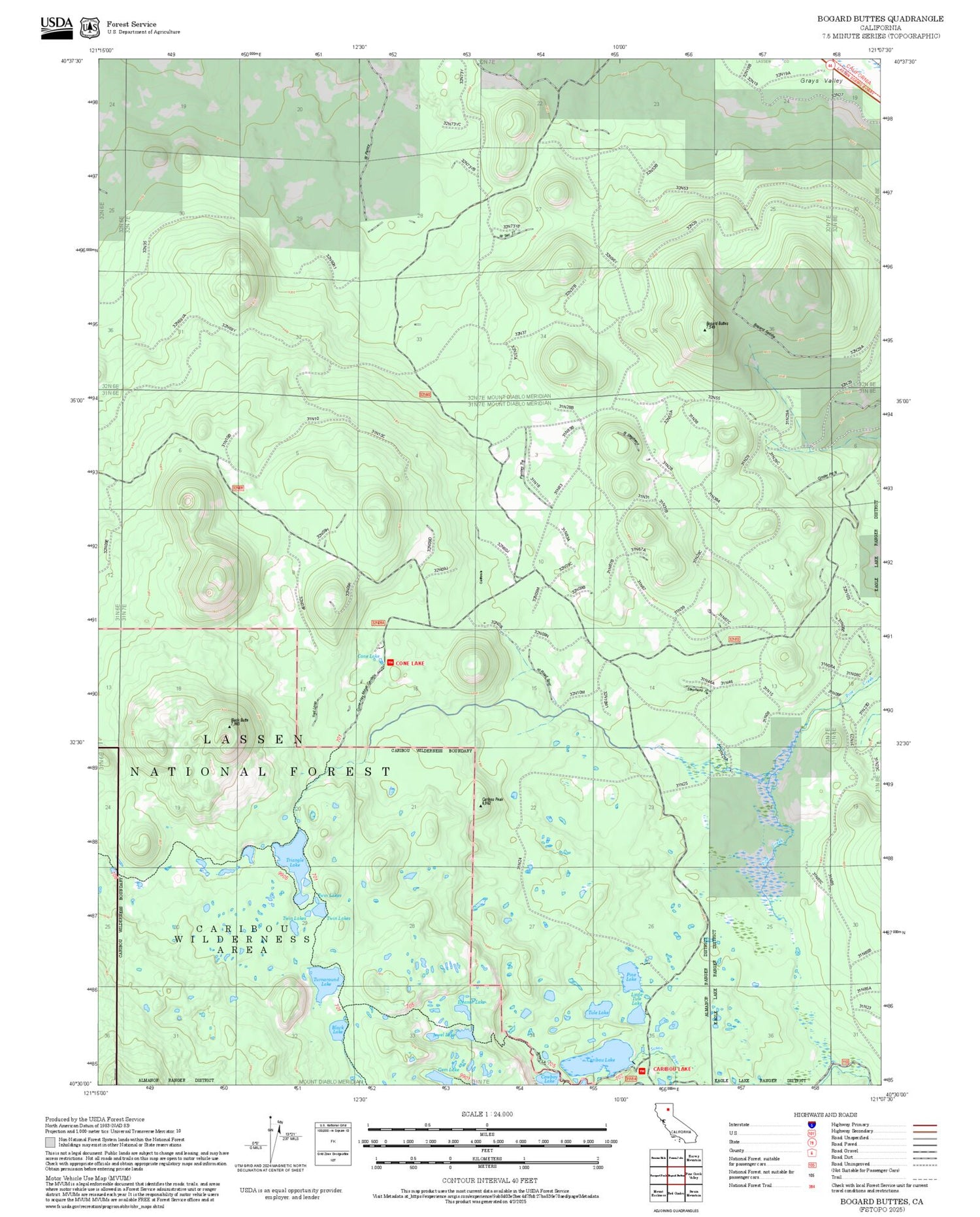 2025 Forest Service Topo Map of Bogard Buttes California