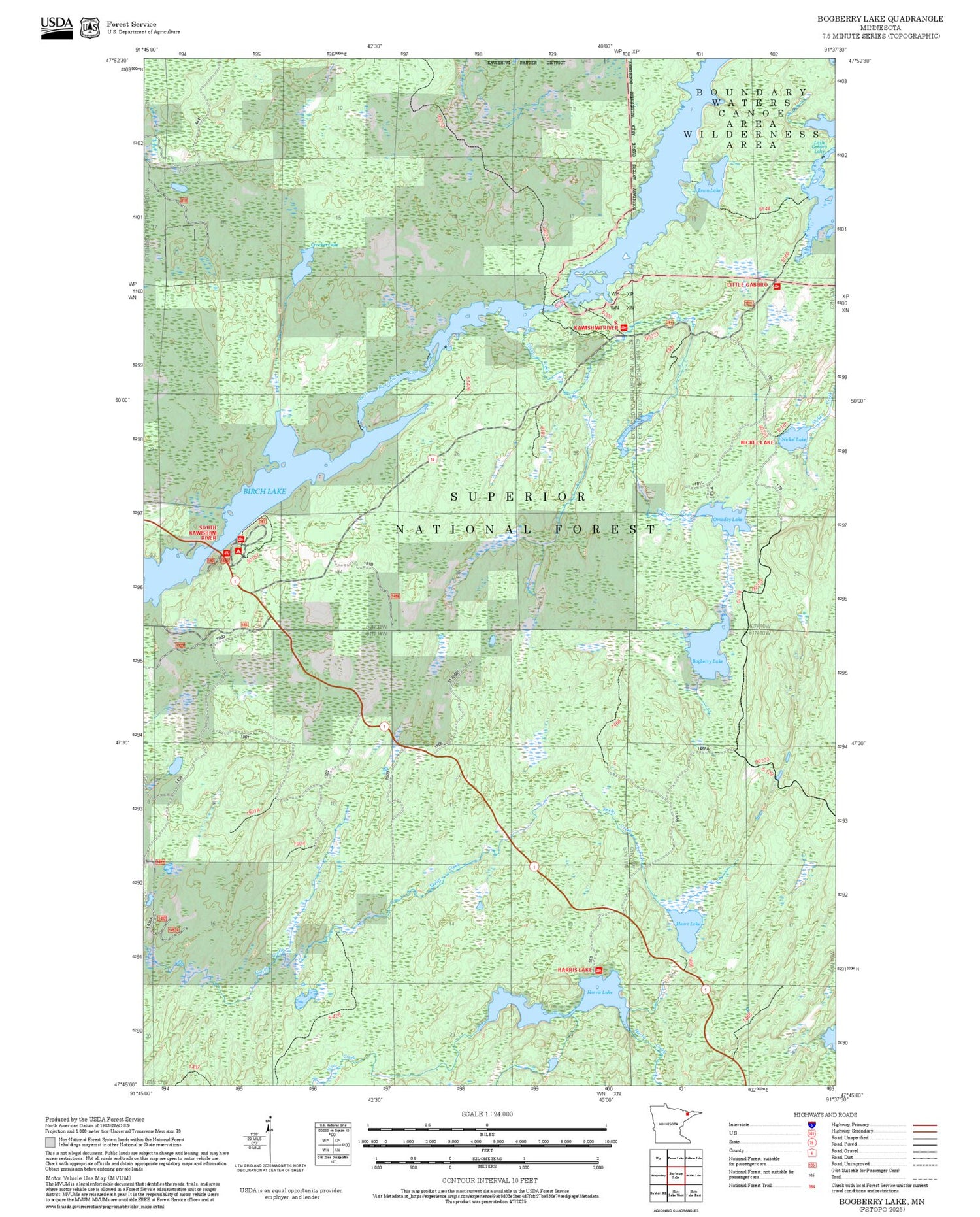 2025 Forest Service Topo Map of Bogberry Lake Minnesota