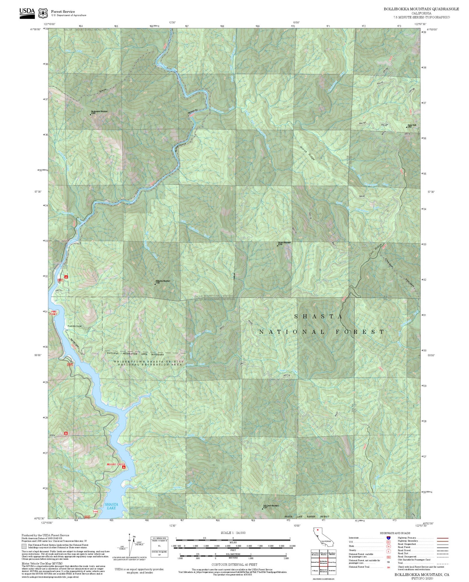 2025 Forest Service Topo Map of Bollibokka Mountain California