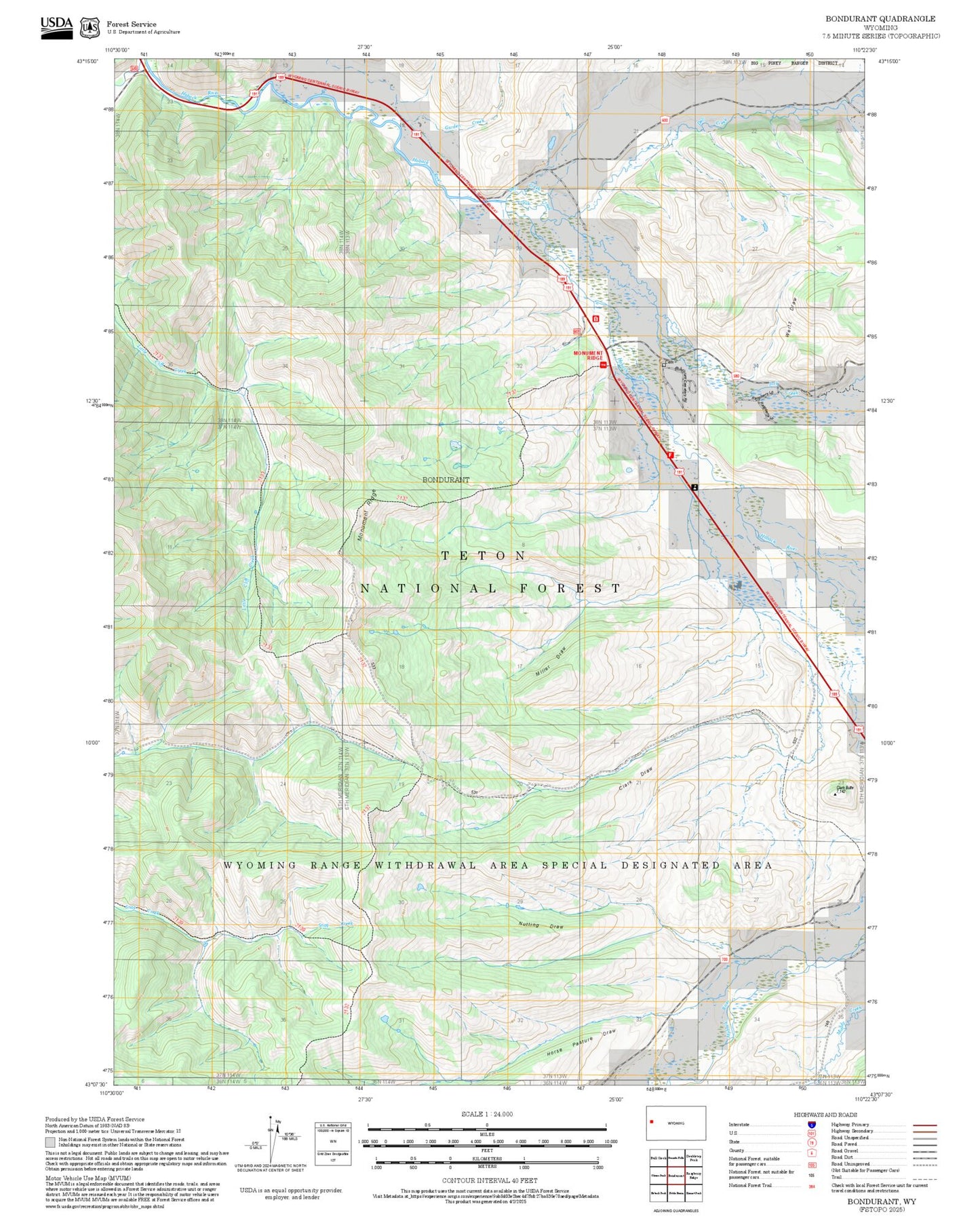 2025 Forest Service Topo Map of Bondurant Wyoming