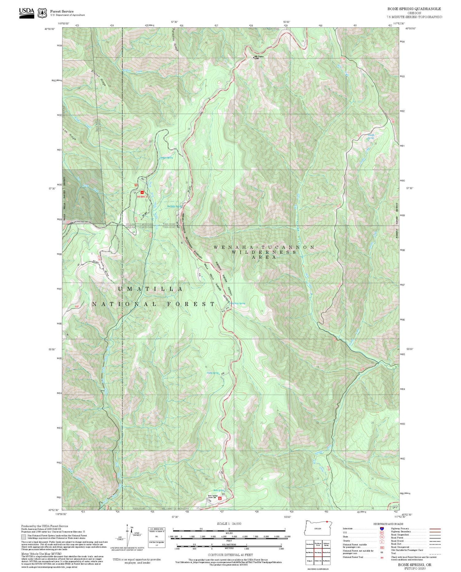2025 Forest Service Topo Map of Bone Spring Oregon