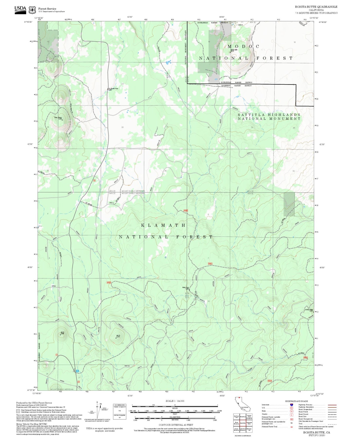 2025 Forest Service Topo Map of Bonita Butte California