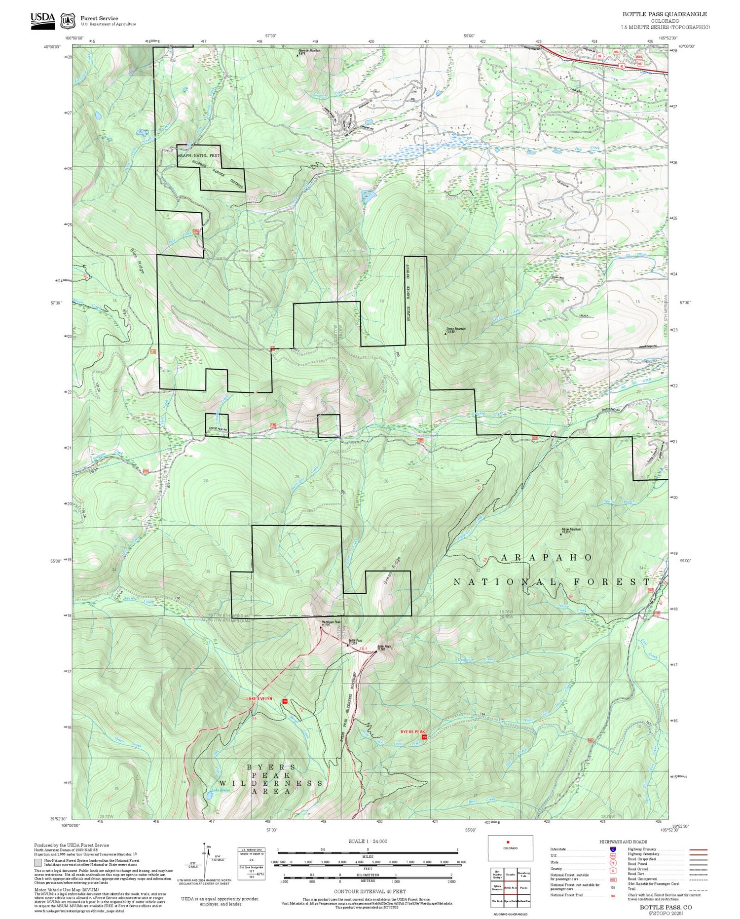 2025 Forest Service Topo Map of Bottle Pass Colorado