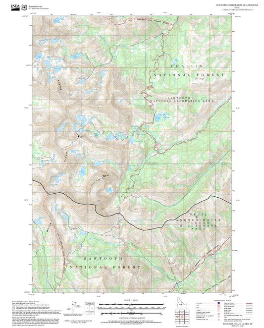 2025 Forest Service Topo Map of Boulder Chain Lakes Idaho