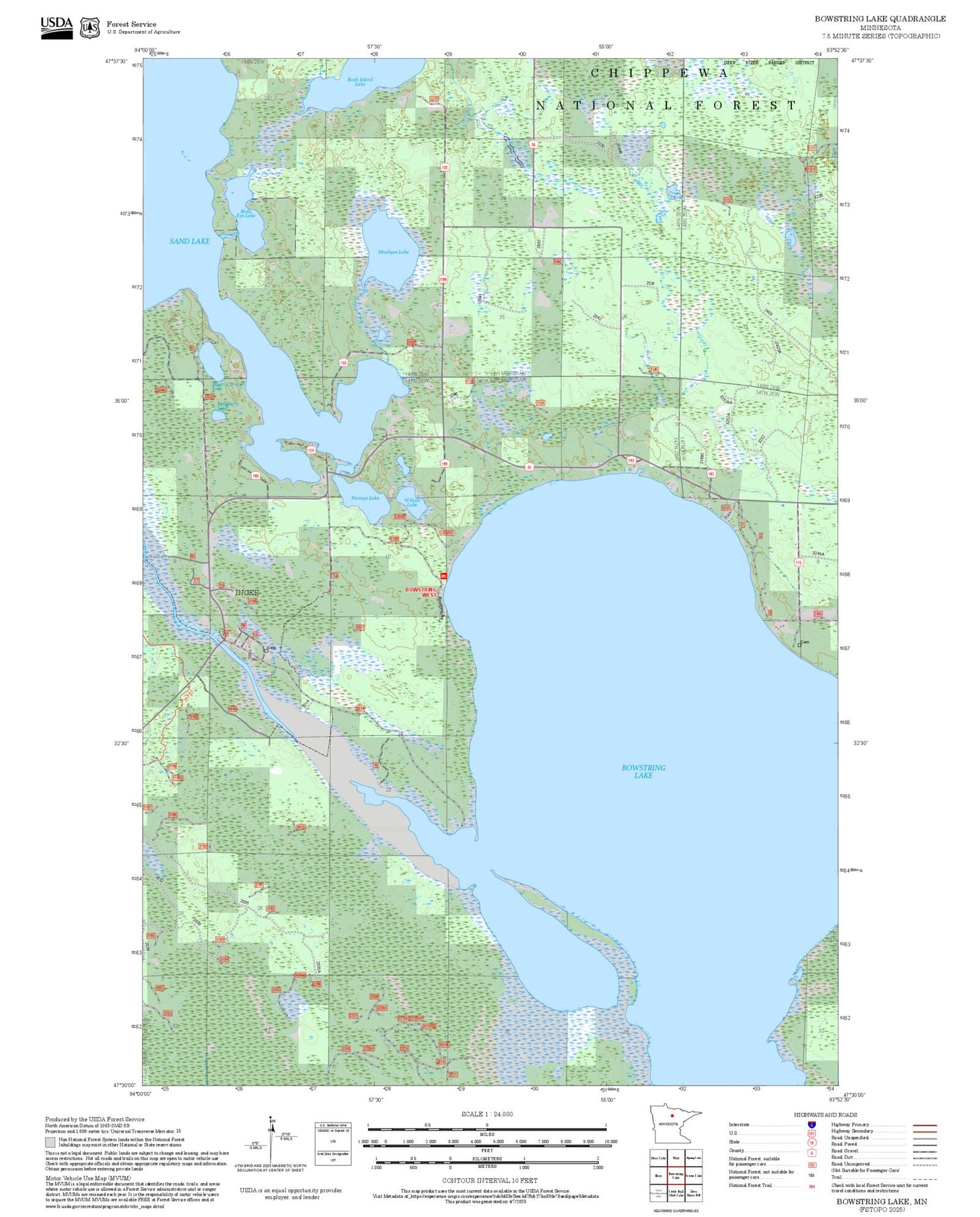 2025 Forest Service Topo Map of Bowstring Lake Minnesota