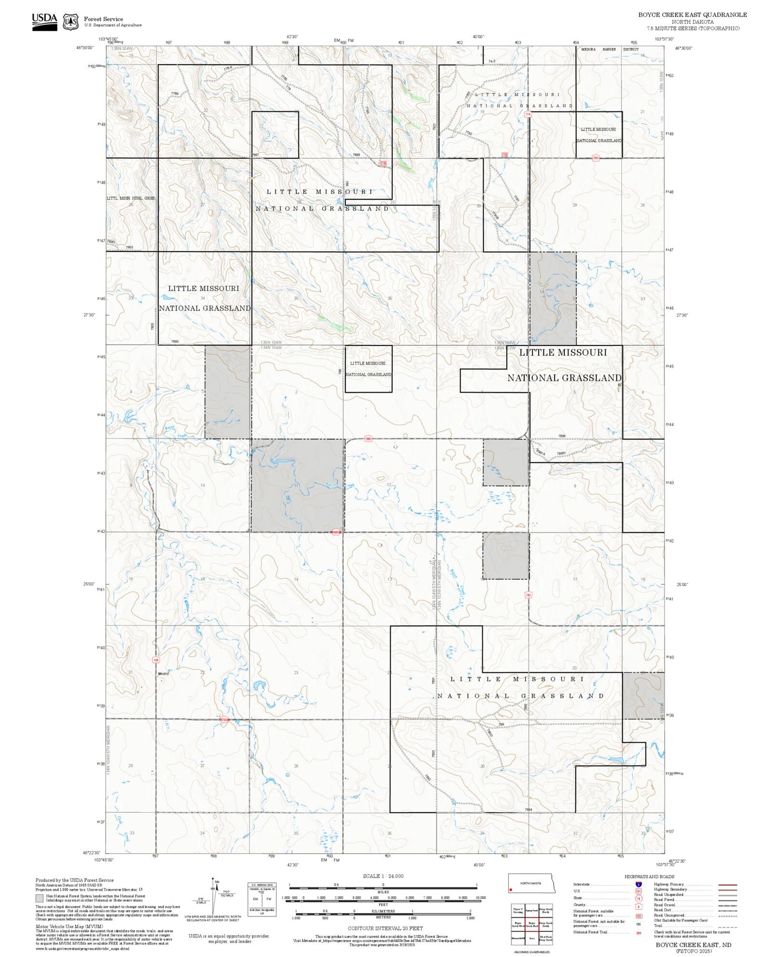 2025 Forest Service Topo Map of Boyce Creek East North Dakota