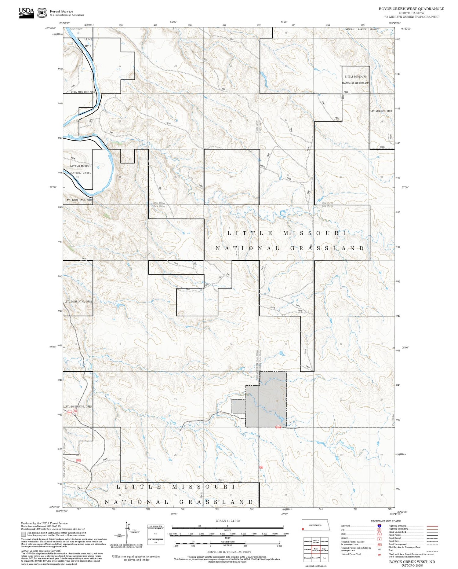 2025 Forest Service Topo Map of Boyce Creek West North Dakota