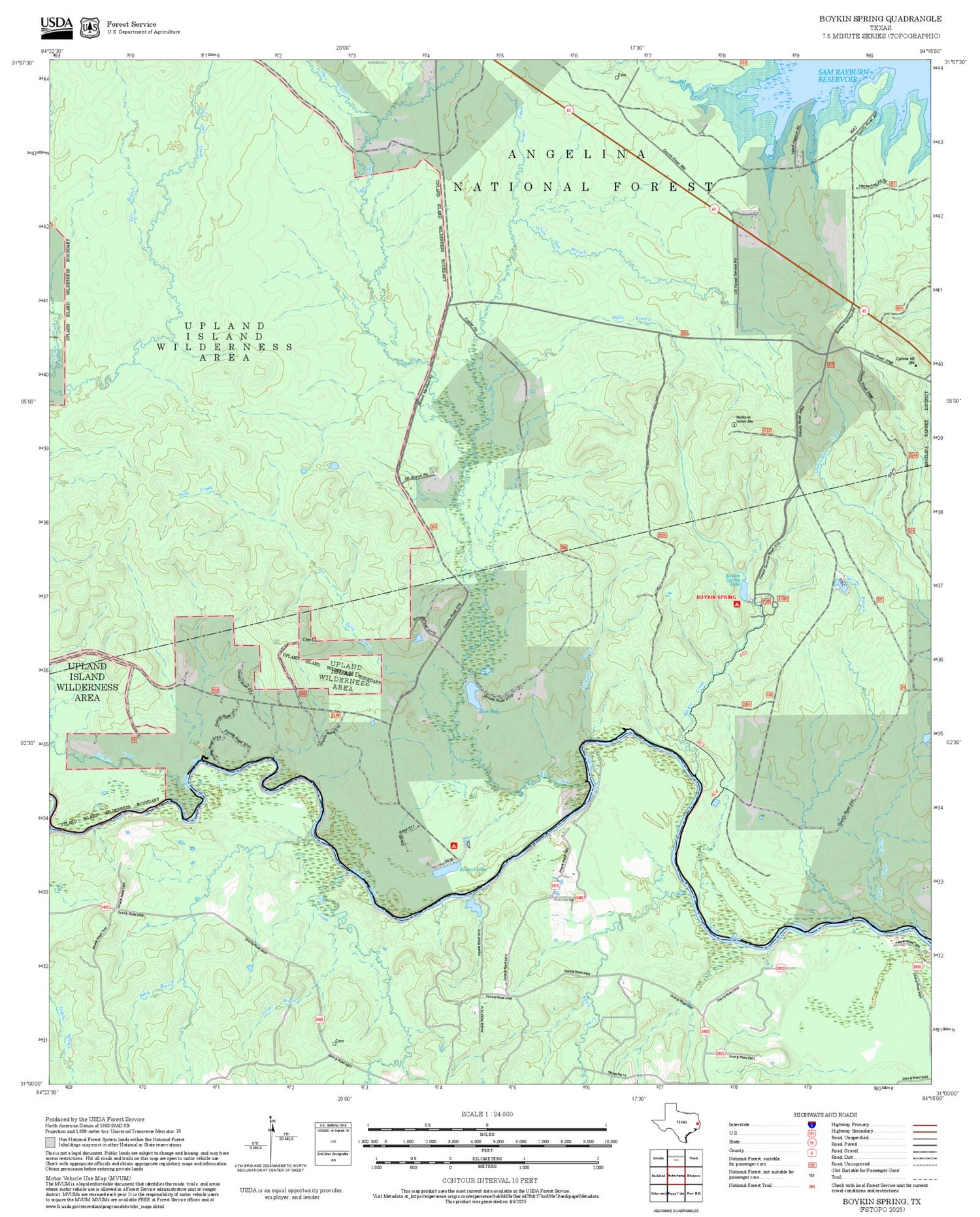2025 Forest Service Topo Map of Boykin Spring Texas