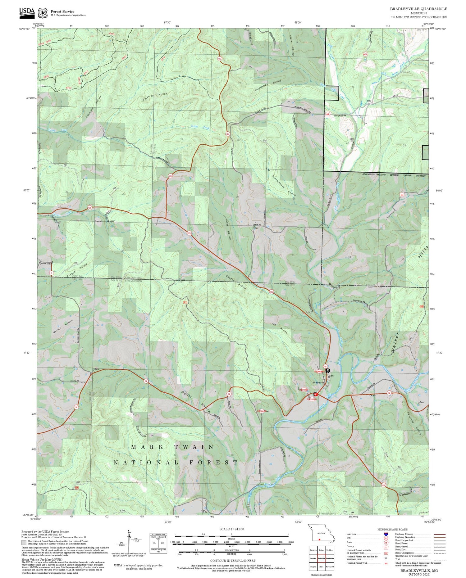 2025 Forest Service Topo Map of Bradleyville Missouri