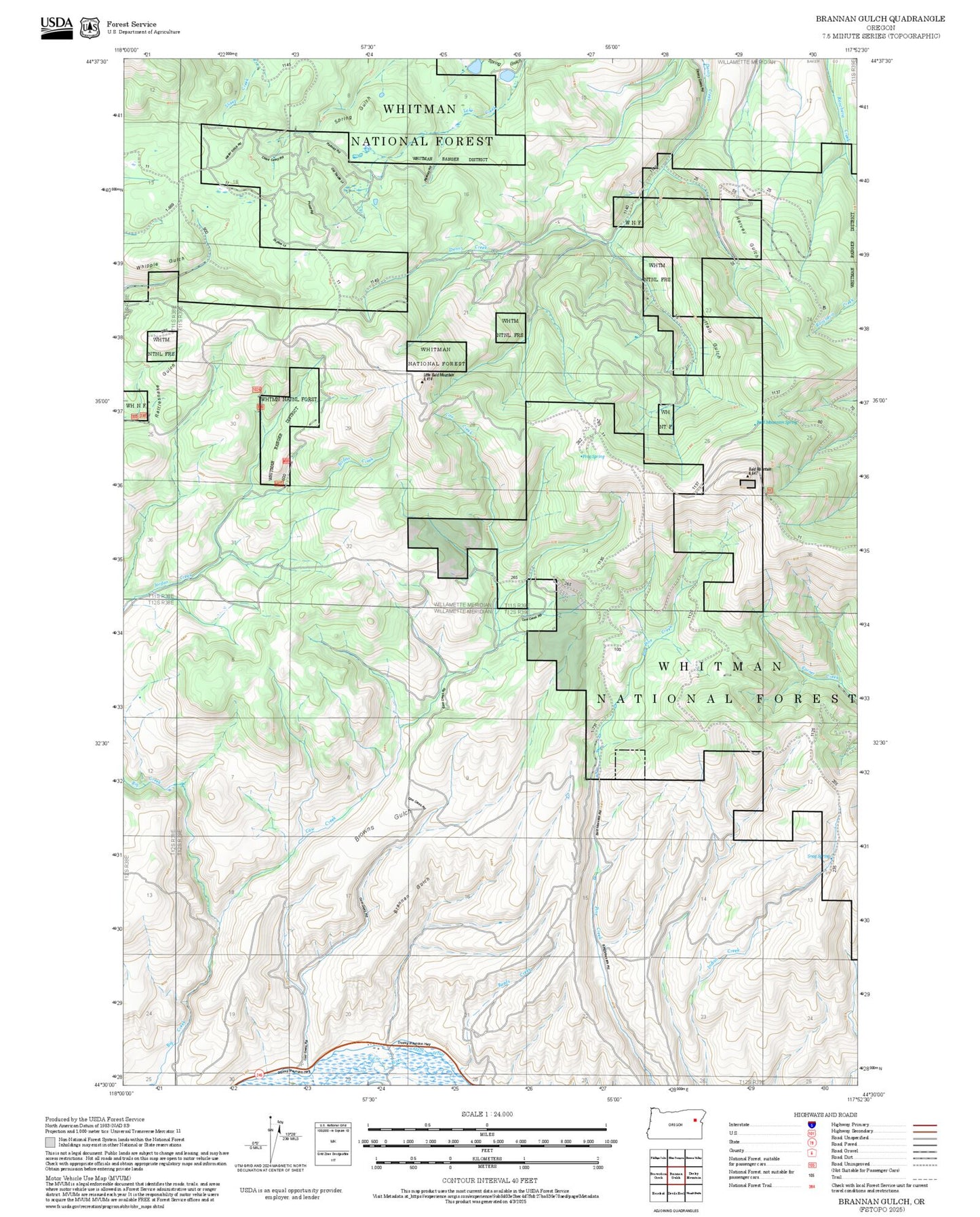 2025 Forest Service Topo Map of Brannan Gulch Oregon