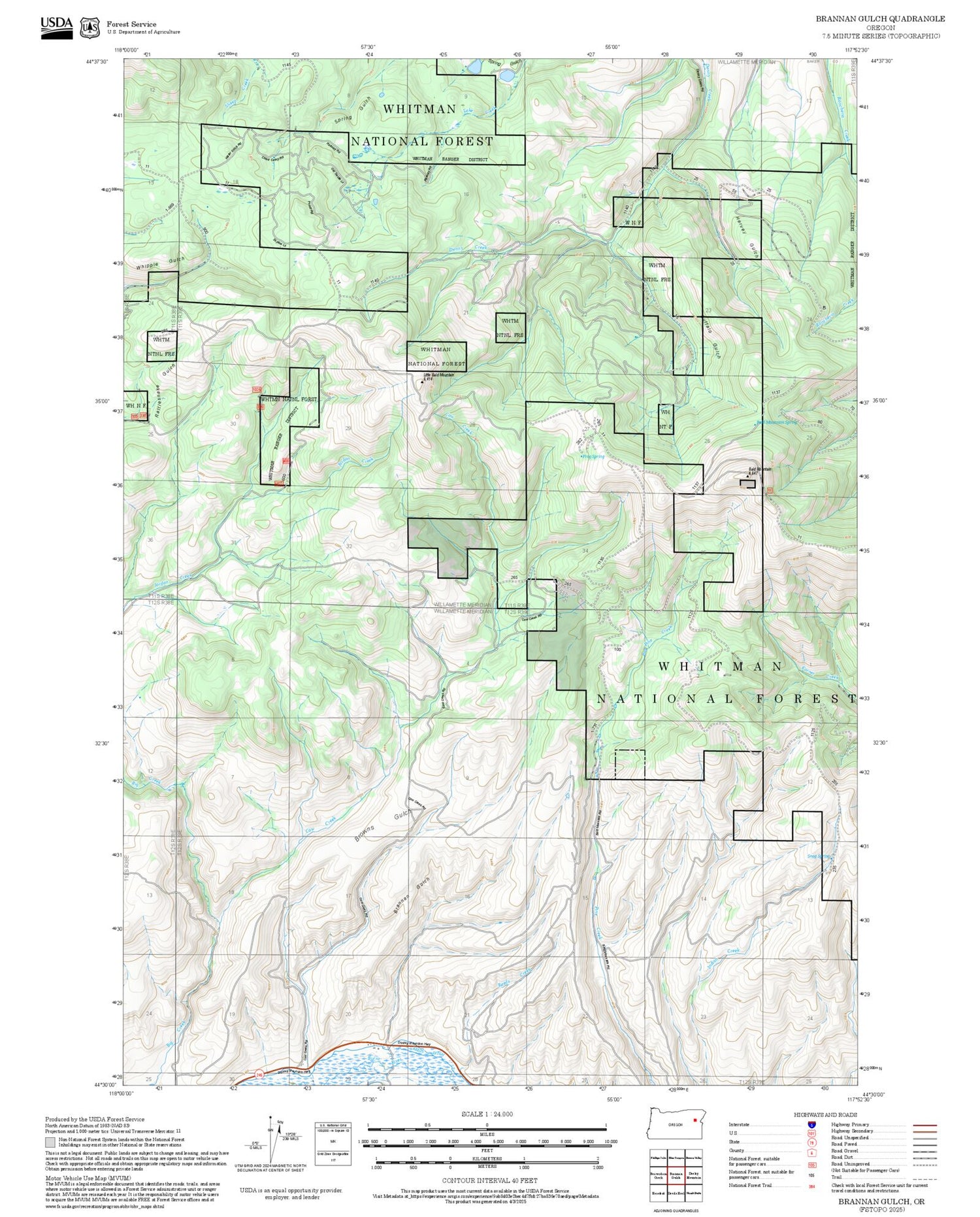 2025 Forest Service Topo Map of Brannan Gulch Oregon