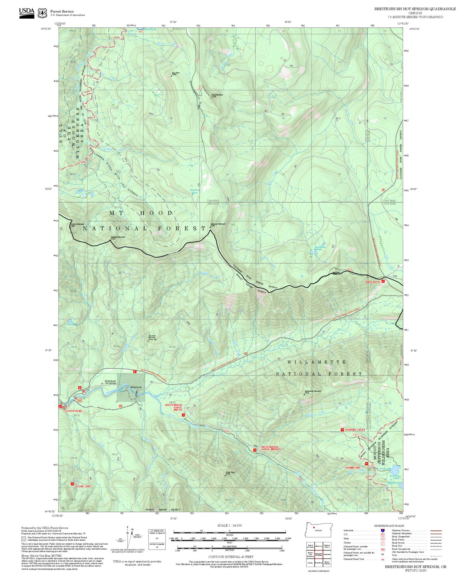 2025 Forest Service Topo Map of Breitenbush Hot Springs Oregon