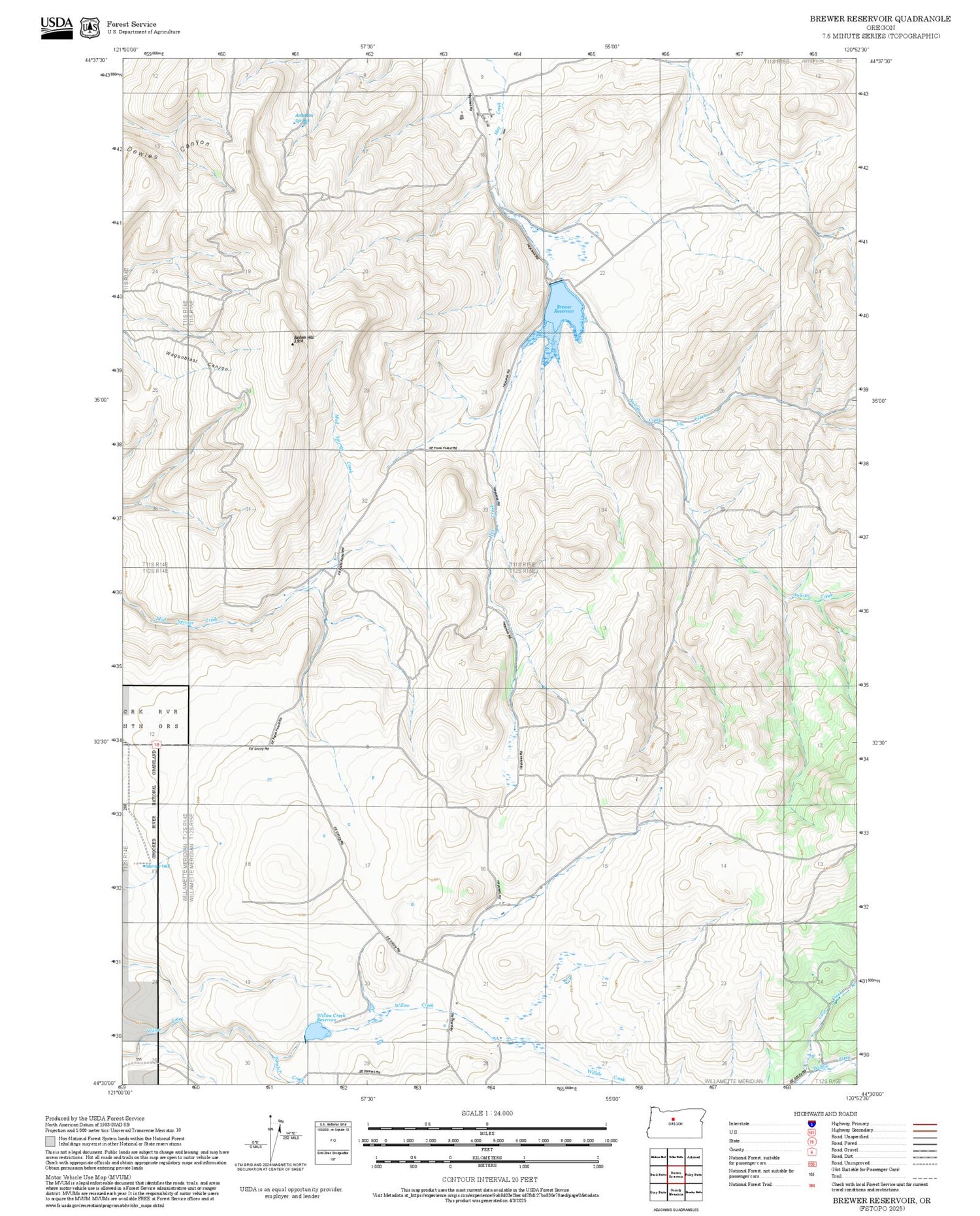 2025 Forest Service Topo Map of Brewer Reservoir Oregon